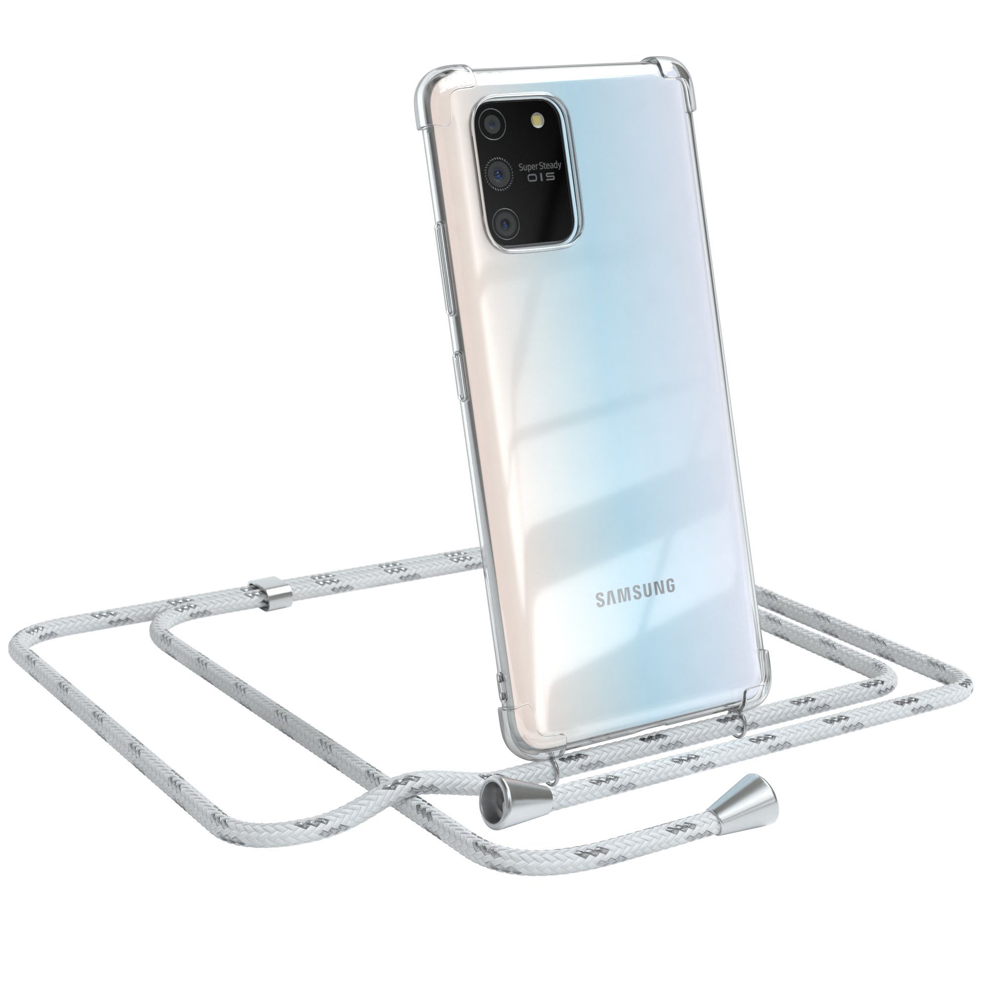 EAZY CASE Handykette Hülle mit Kette für Samsung Galaxy S10 Lite 6,7 Zoll, Hülle Smartphonekette für Unterwegs Festivalhülle Transparent Weiß