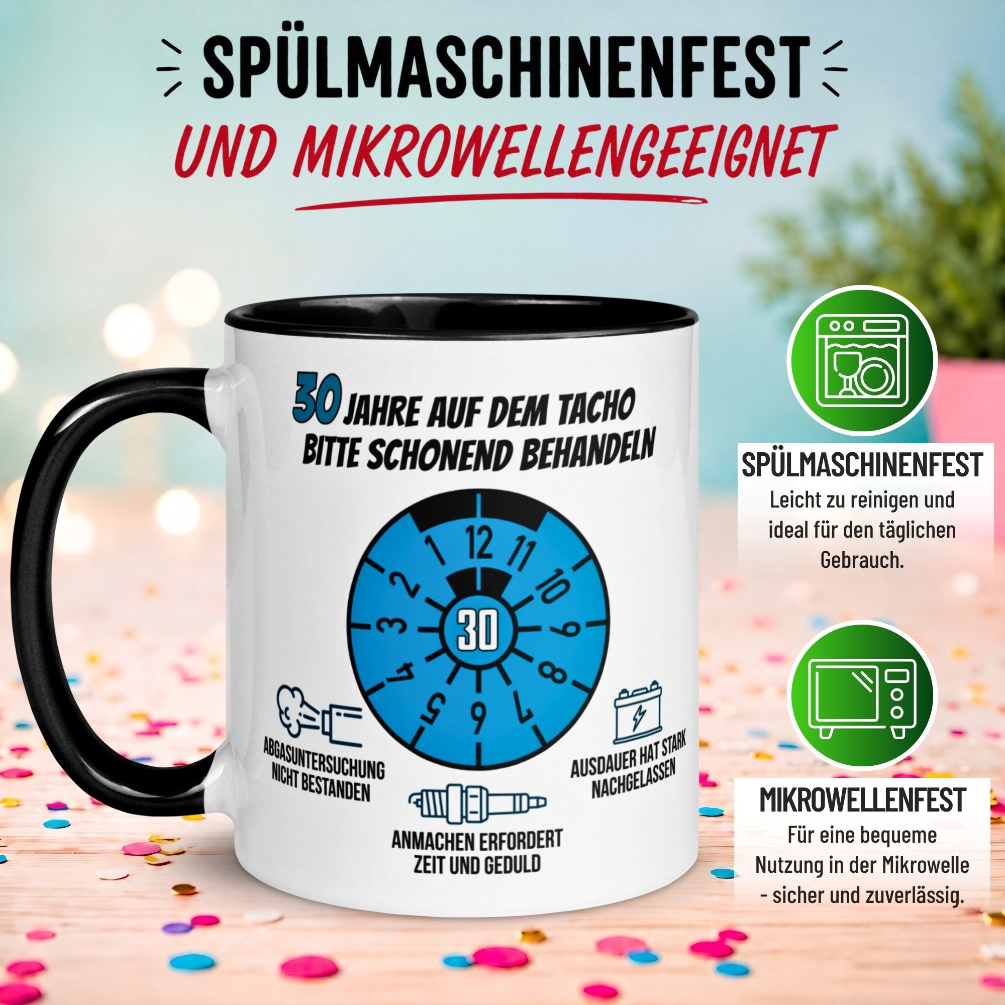 Momentals Tasse 30. Geburtstag Mann – „30 Jahre auf dem Tacho - Schonend Behandeln“, Gratis Versand · Links-&Rechtshänder · Spülmaschinenfest – Bild 5 von 5