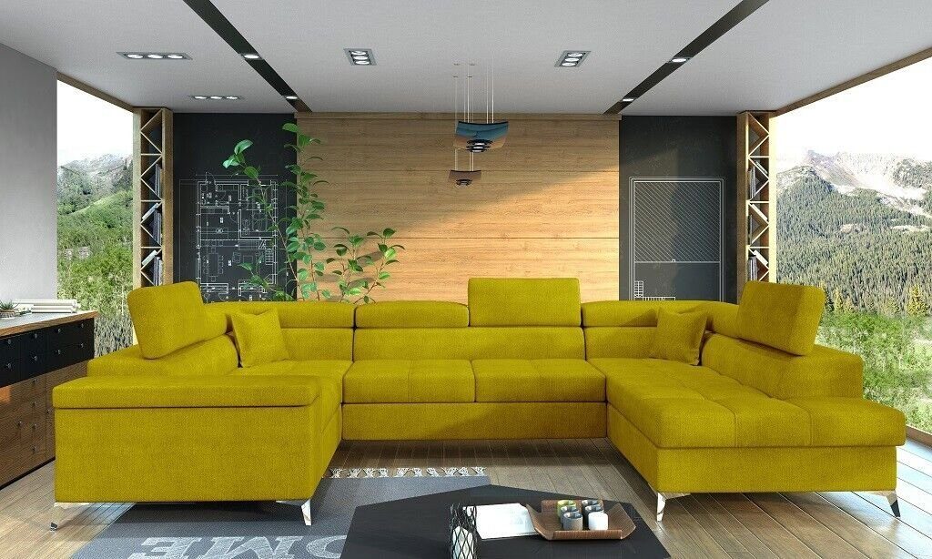 Gelb Sofa Couch Polster Ecksofa U-Form JVmoebel Design Schlafsofa Bettfunktion Ecksofa,