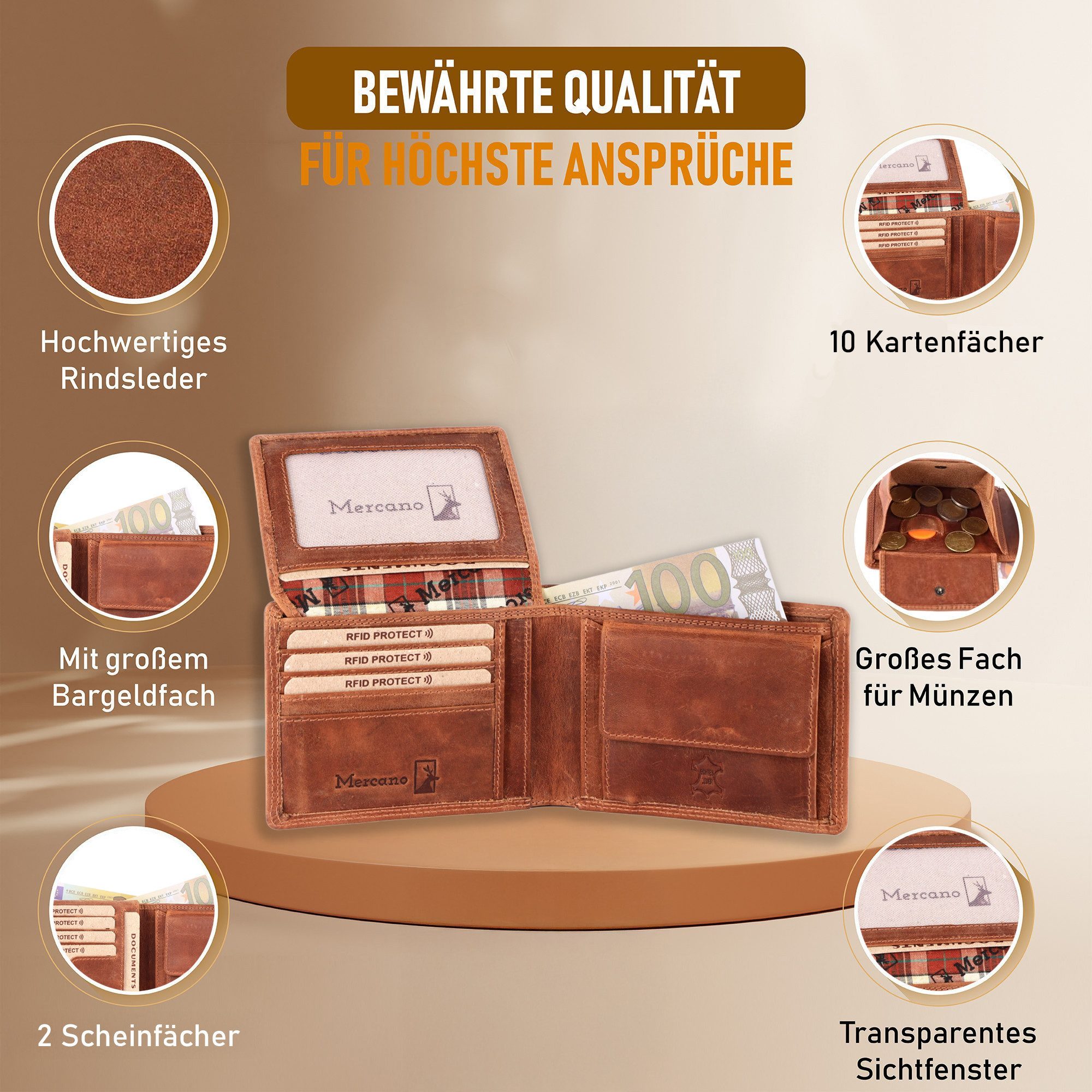 Mercano Geldbörse Herren Echtleder Querformat (inkl. Geschenkbox), 10 Kartenfächer, RFID-Schutz, Sichtfenster, Doppelnaht, Vintage-Leder