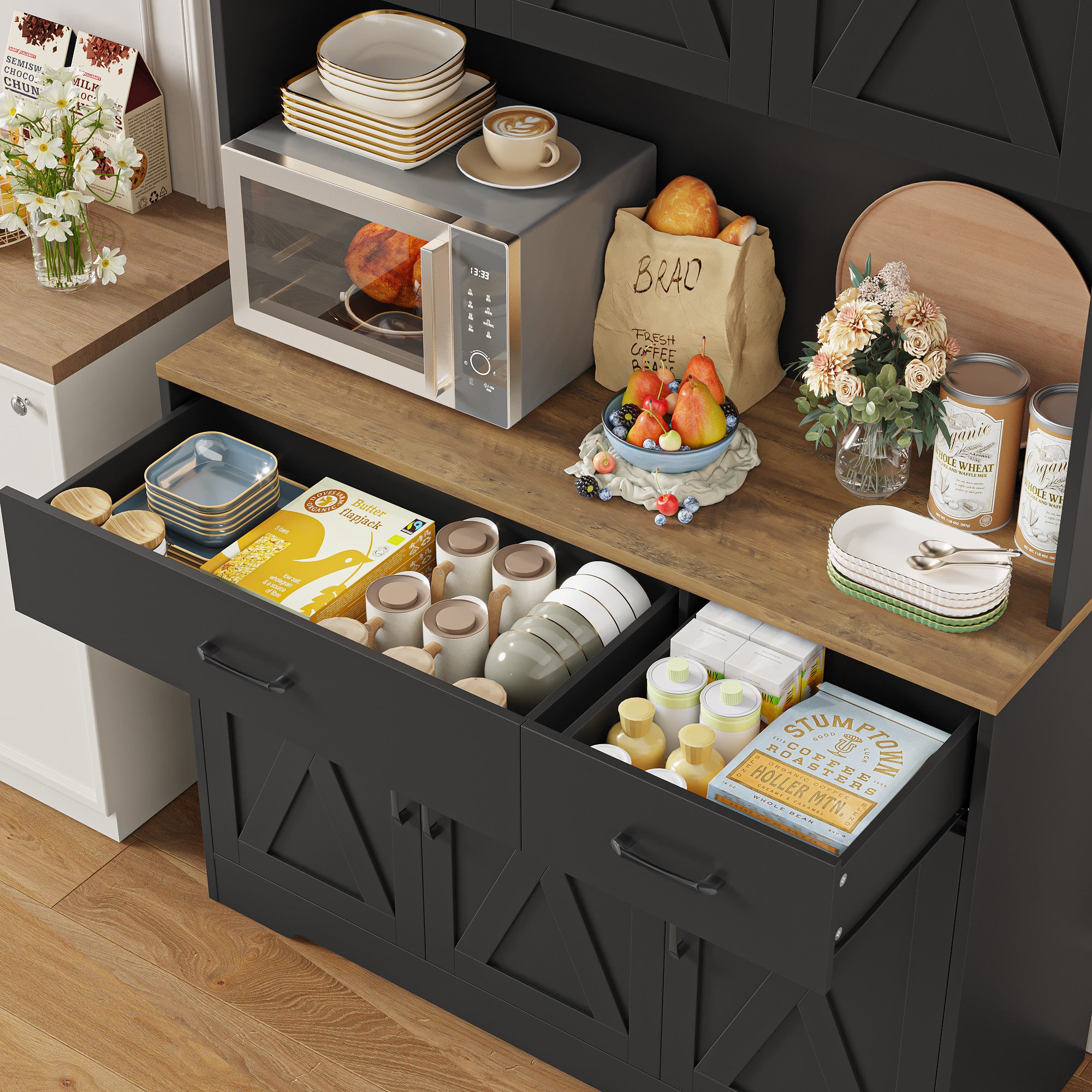 HOMECHO Küchenbuffet Weiß Küchenschrank mit Steckdosen, 6 Türen, 2 Schubladen, 180x105x38cm