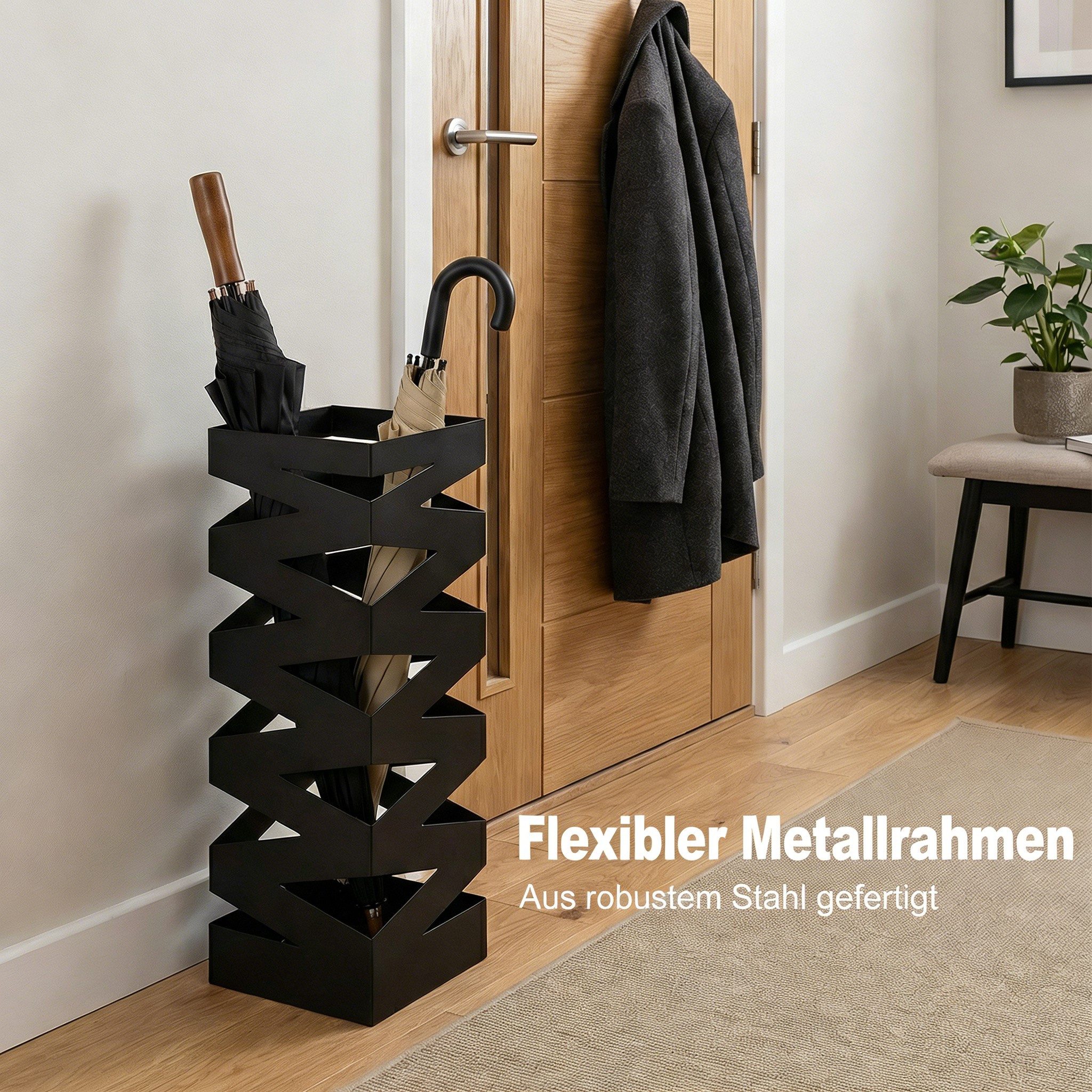 BlingBin Schirmständer aus Metall, Schwarz, Platzsparender (1er Set, 1 St., Regenschirmständer, quadratisch, 15,5 x 15,5 x 49 cm), schmaler Regenschirmhalter mit Cut-out-Design für Flur und Büro