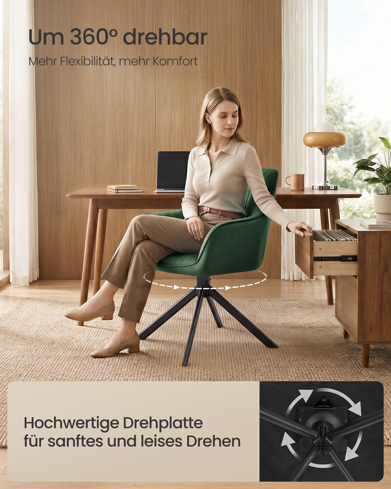 SONGMICS Esszimmerstuhl Esszimmerstuhl 360° drehbar, Küchenstuhl, Sessel drehbar, Samt (6 St), bis 120 kg belastbar, für Esszimmer, Küche, mit Armlehnen, Stahlb – Bild 4 von 5