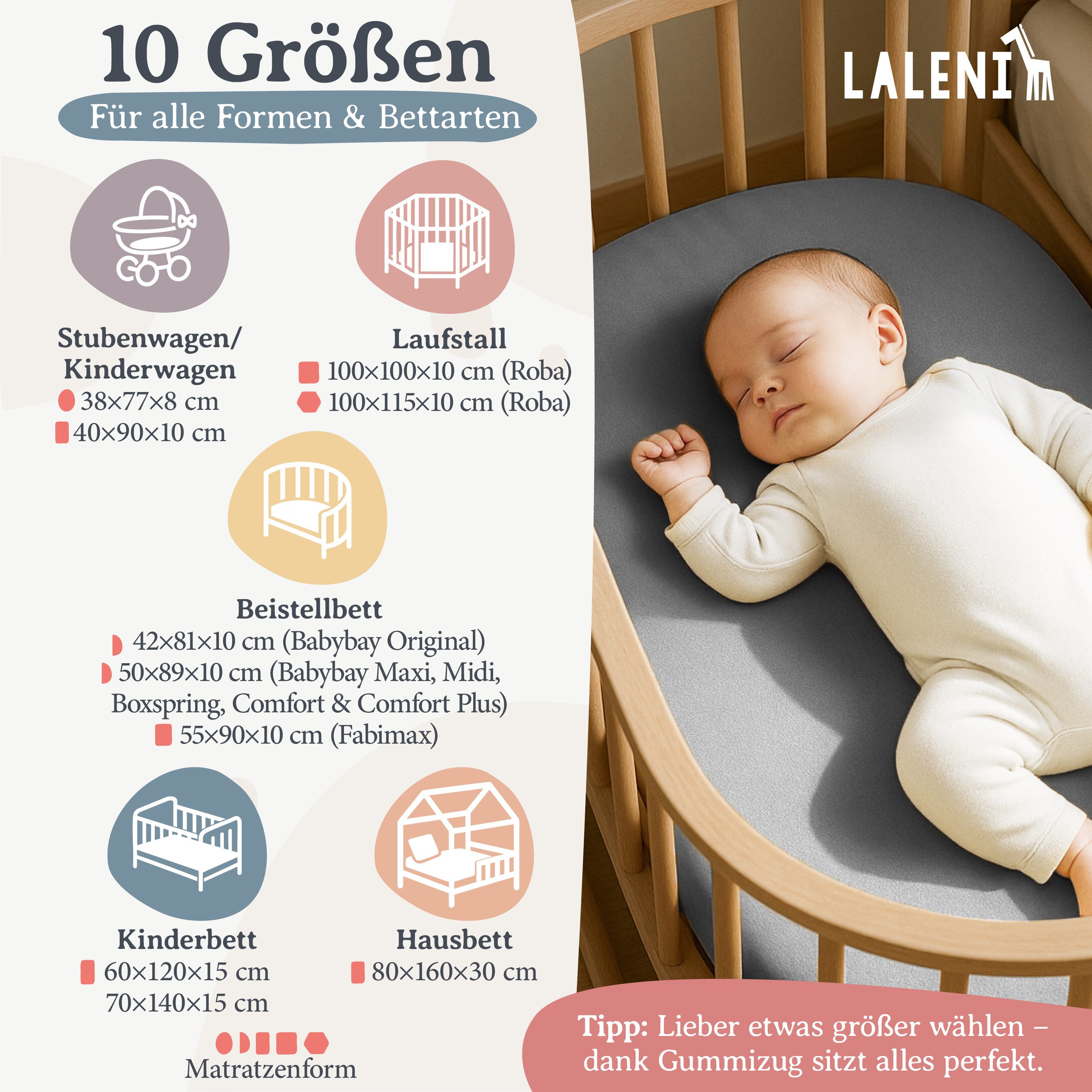 Laleni Spannbettlaken Atmungsaktives weiches und wärmendes Spannbettlaken, Baumwolle, Gummizug: rundum, (1 Stück), Kinderbett, Spielgitter, Wiege oder Stubenwagen mit Rundumgummizug