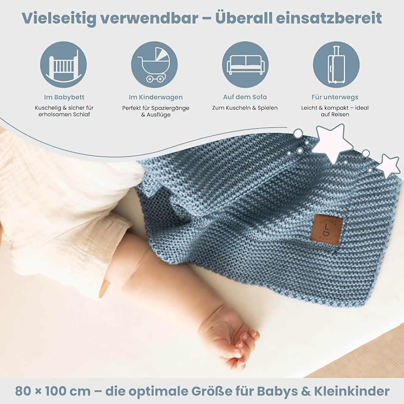 Babydecke Baby Strickdecke, Babydecke, Weich & Atmungsaktiv, 80x100cm, Rauchblau, Little Dedi – Bild 4 von 5