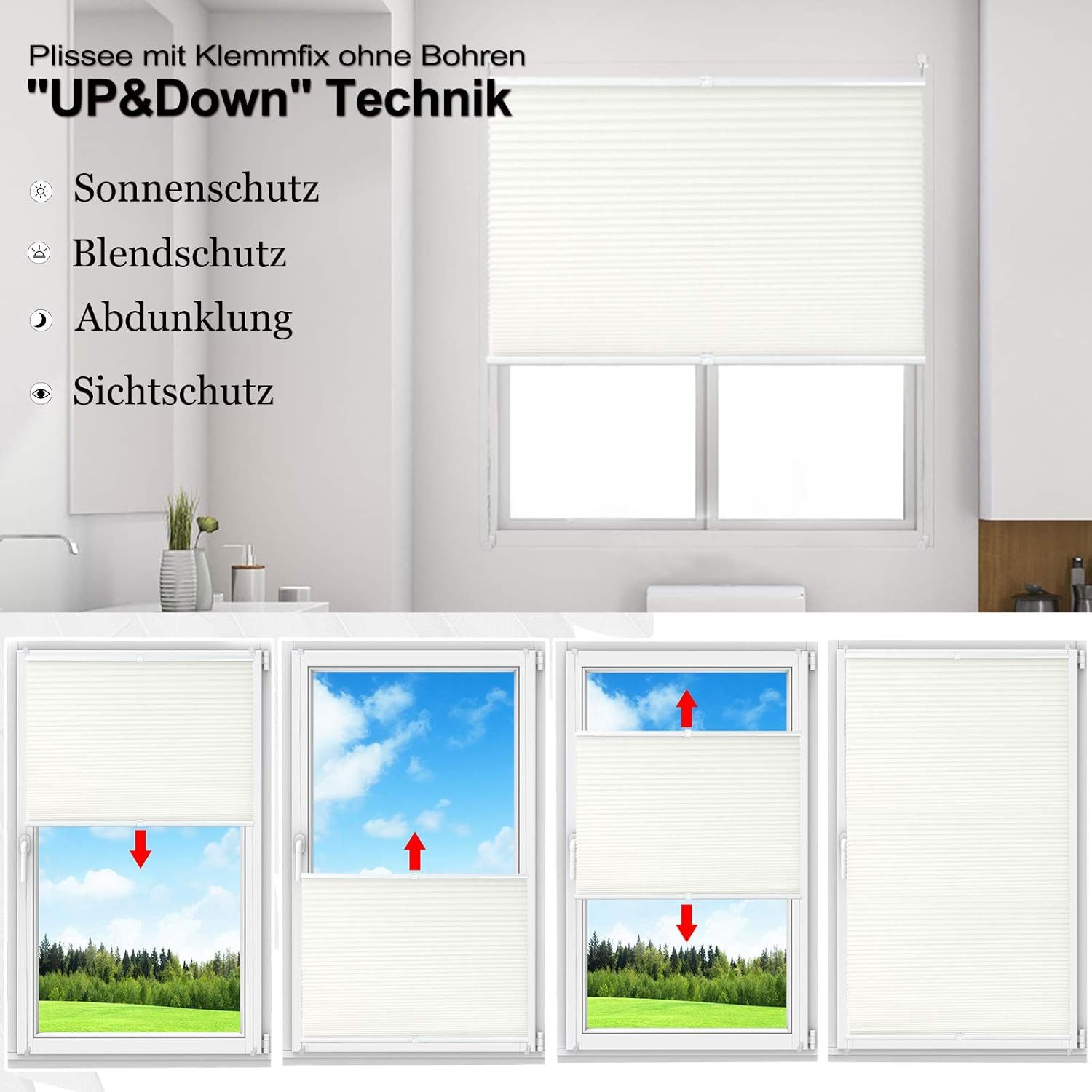 Woltu Plissee, Lichtschutz, Klemmträger, Klemmfix Milchglas Muster, Jalousie Faltrollo