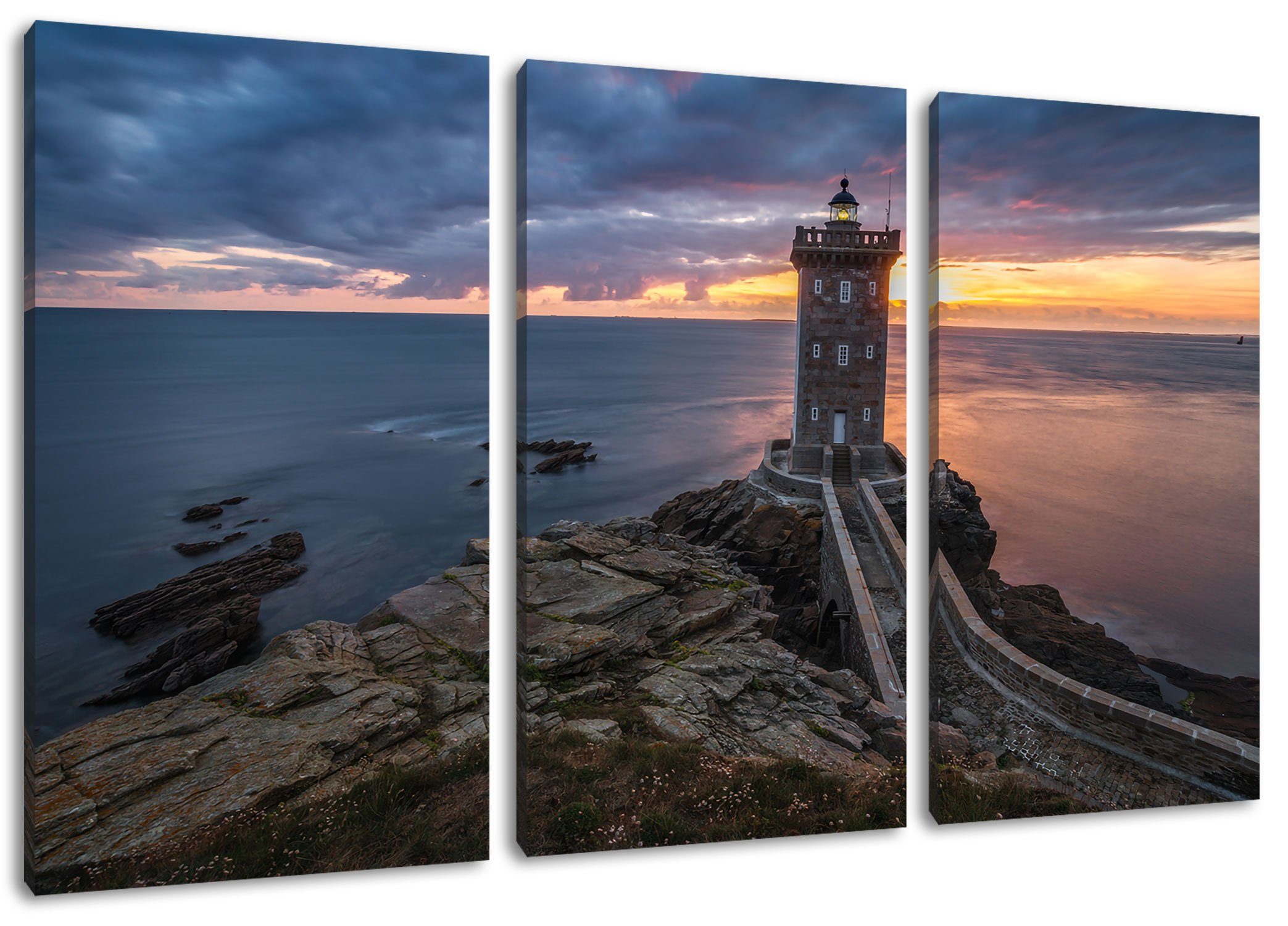 Pixxprint Leinwandbild Leuchtturm im Sonnenuntergang, Leuchtturm im Sonnenuntergang 3Teiler (120x80cm) (1 St), Leinwandbild fertig bespannt, inkl. Zackenaufhänger