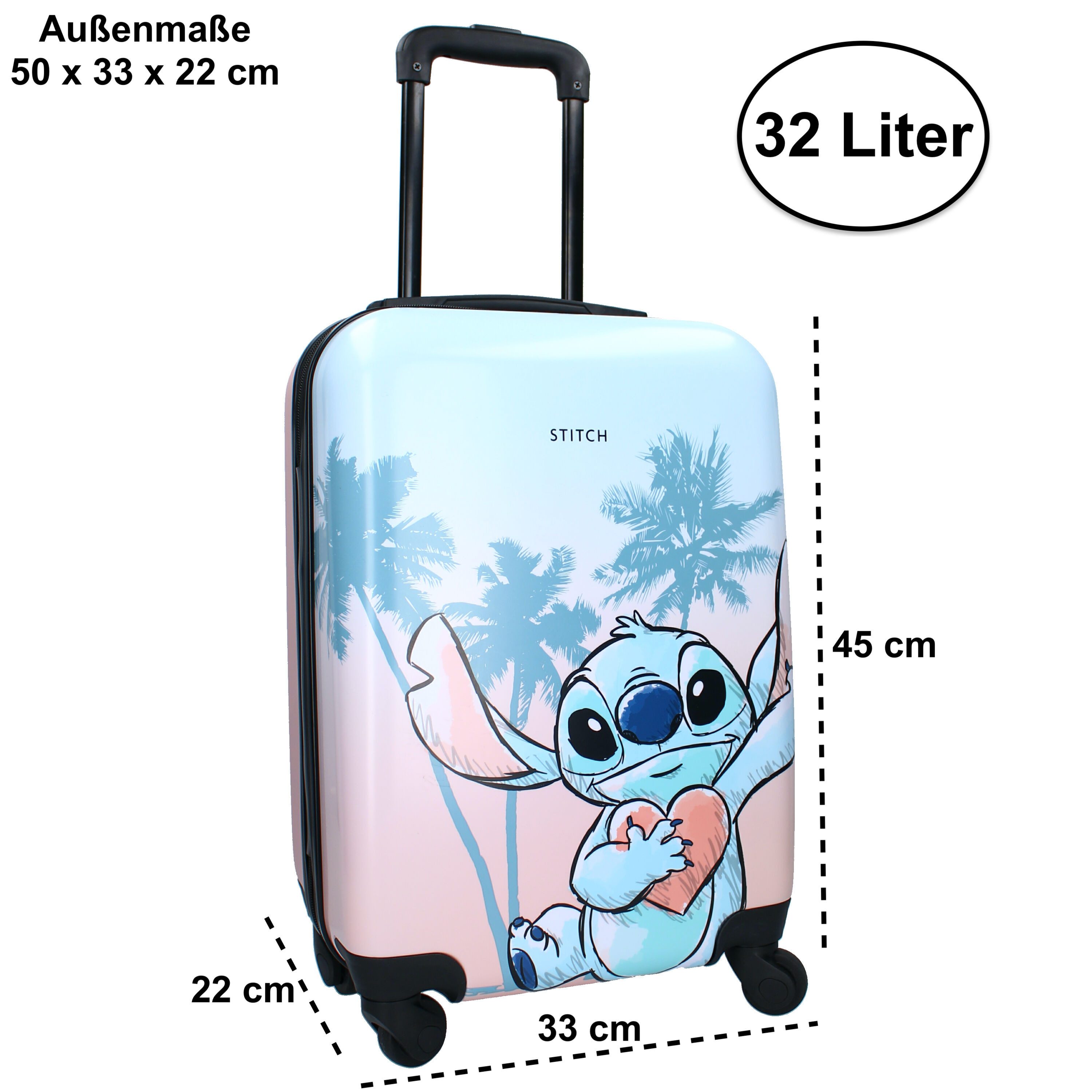 Disney Kinderkoffer Stitch Trolley Koffer Kindertrolley Handgepäck Trolly Reisegepäck 32 L, Qualitätsware, Leicht, ABS-Hartschale, 4 Rollen 360°