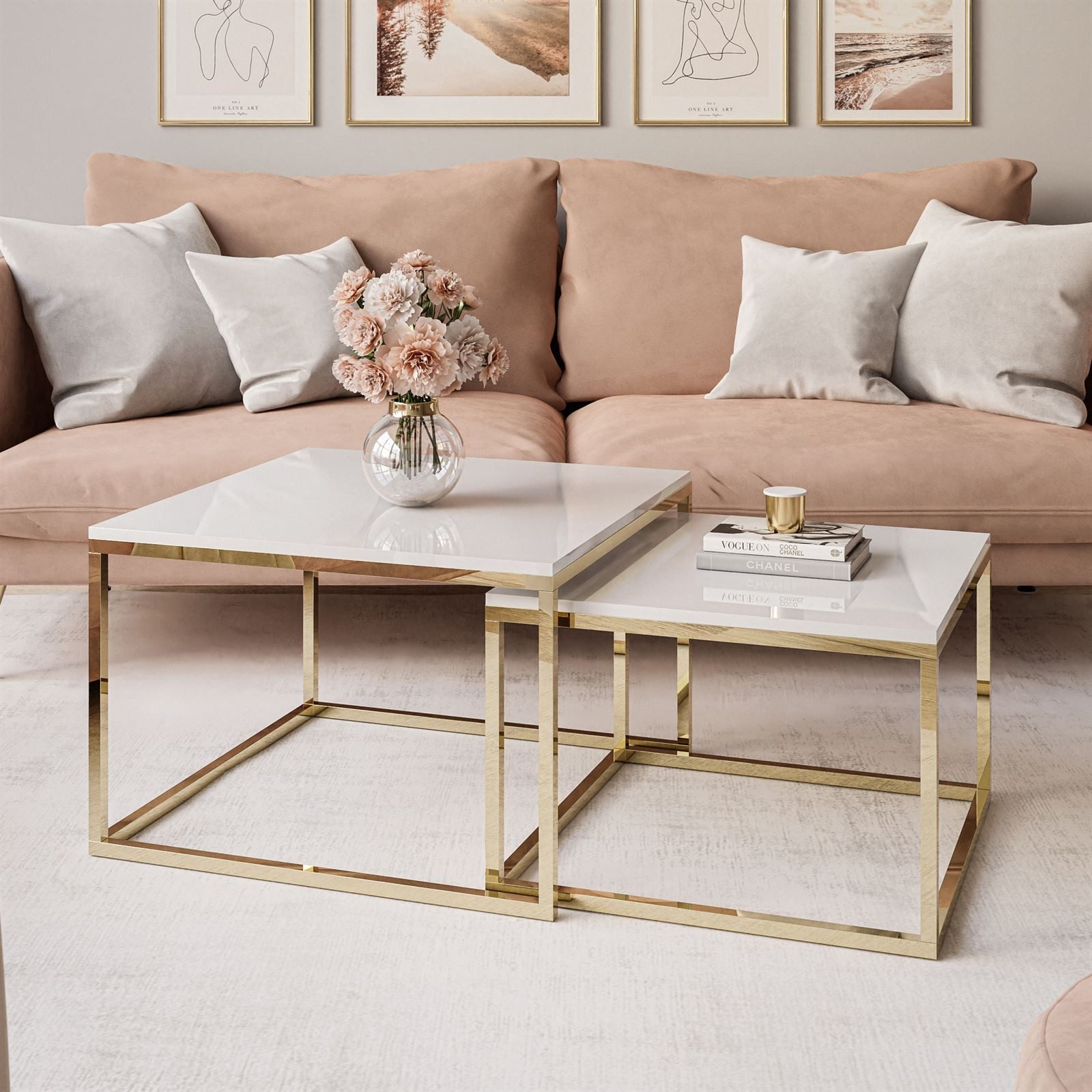 Lookway Couchtisch YOSHI 2in1 mit Goldenem Chromgestell (2er-Set), Breite: 70 cm und 60 cm – Bild 3 von 5