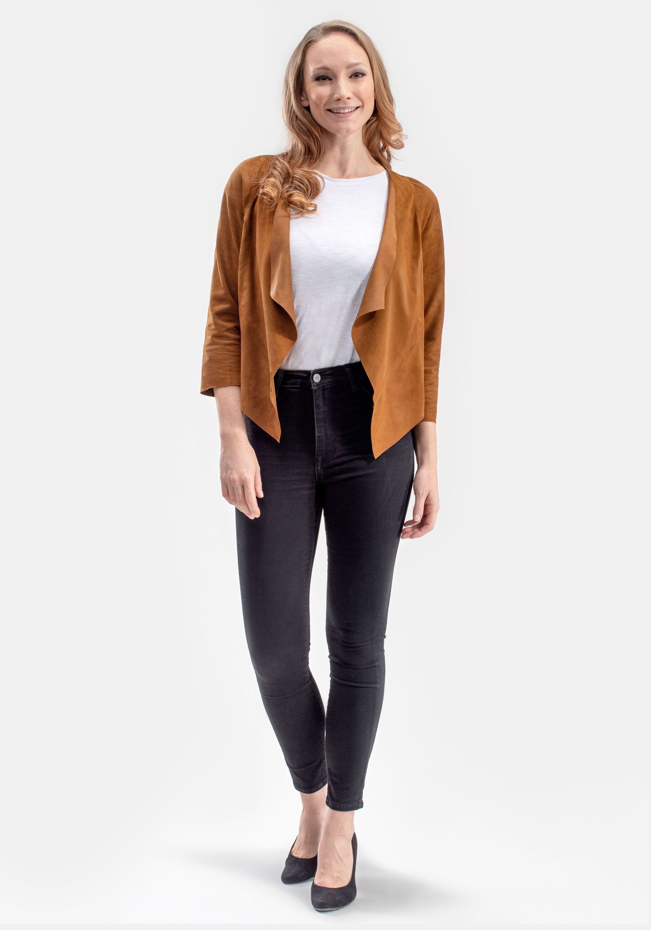 18N62 Boleroblazer NECHARMOISE (1-tlg) aus Ziegenvelours mit offenen Säumen – Bild 4 von 5