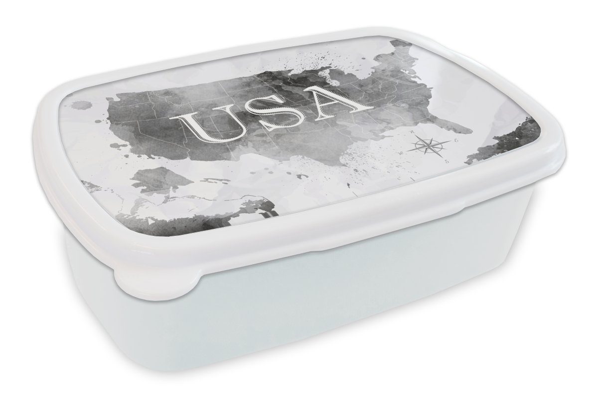 MuchoWow Lunchbox Weltkarte - Aquarell - Vereinigte Staaten, Kunststoff, (2-tlg), Brotbox für Kinder und Erwachsene, Brotdose, für Jungs und Mädchen weiß