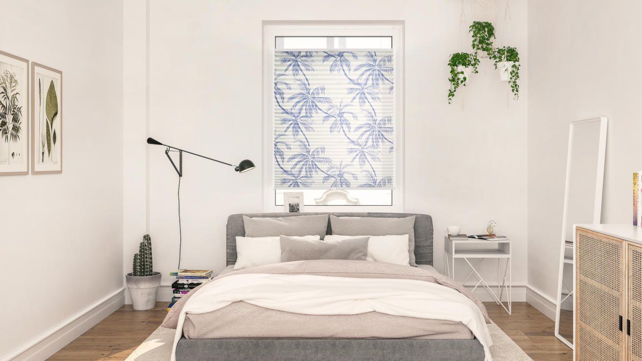 LICHTBLICK ORIGINAL Plissee Plissee Klemmfix, ohne Bohren, blickdicht, Blueprint Palms - Blau, blickdicht, freihängend, Klemmfix