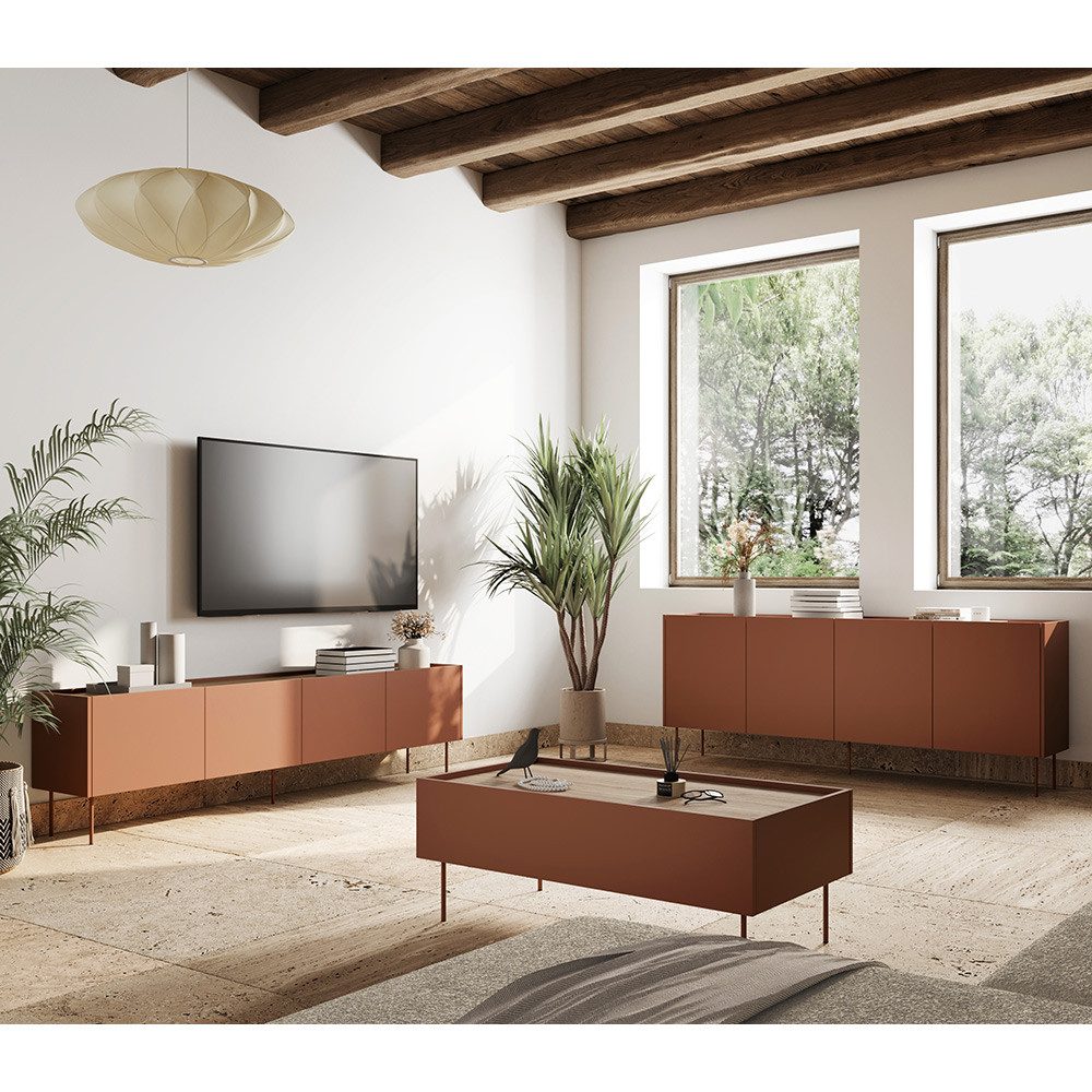 Lomadox Wohnzimmer-Set DELFT-141, (Mega-Spar-Set, 3-St., Couchtisch Lowboard Sideboard), in keramikrot und Eiche mit Metallfüßen, modern, grifflos