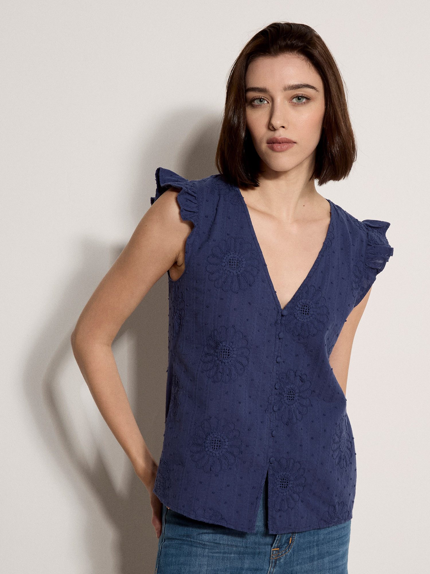 Apricot Spitzentop Geblümte Bluse mit Stickerei