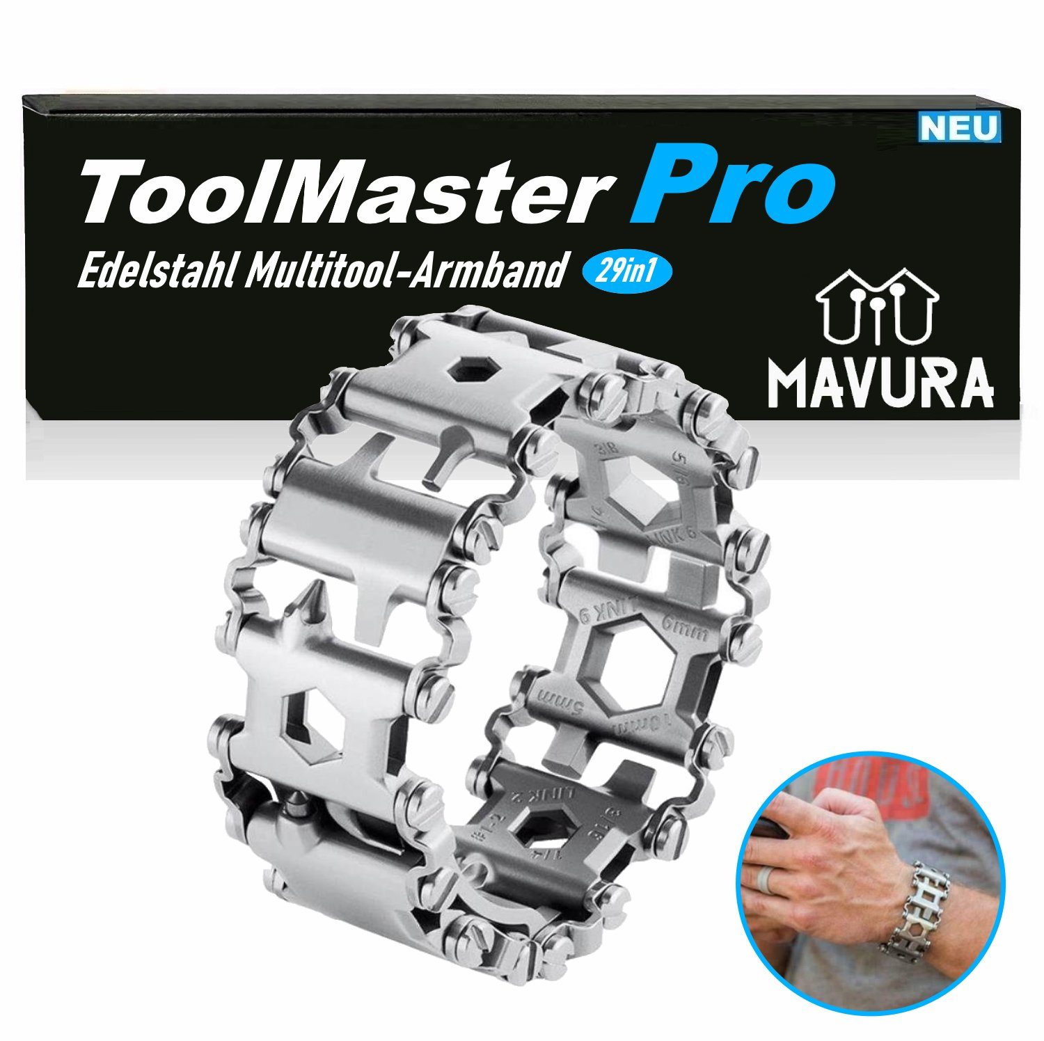 MAVURA Armband ToolMasterPro Edelstahl Multitool Mann Armband Werkzeug, Silber/ das perfekte Männer Geschenk! (29in1)