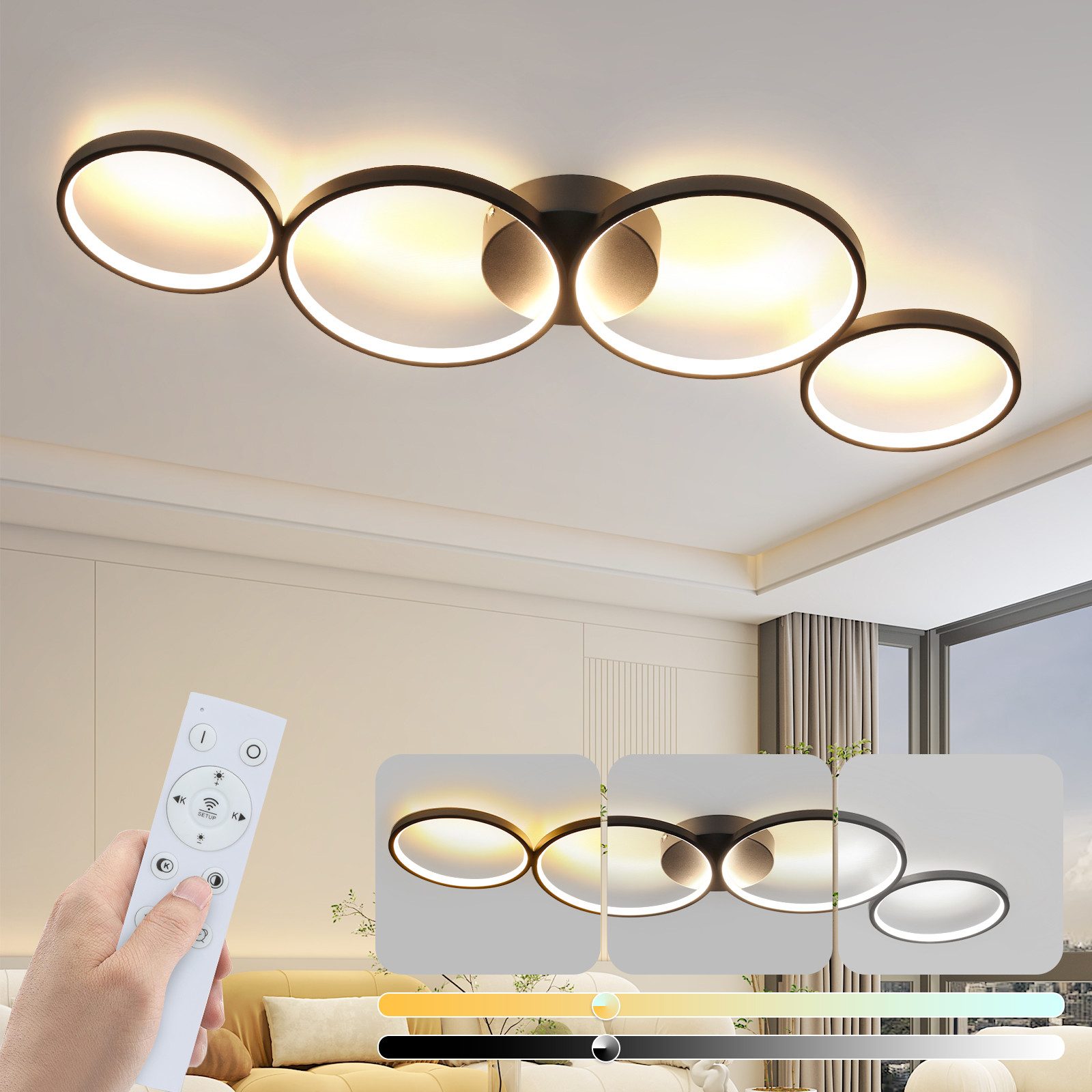 ZMH LED Deckenleuchte 4-Ring-Design, dimmbare Wohnzimmerlampe mit Fernbedienung, 3000–6500 K, Memory-Funktion, LED fest integriert, Warmweiß, Neutralweiß und Kaltweiß, 56W,moderne Deckenlampe für Wohnzimmer Schlafzimmer Büro