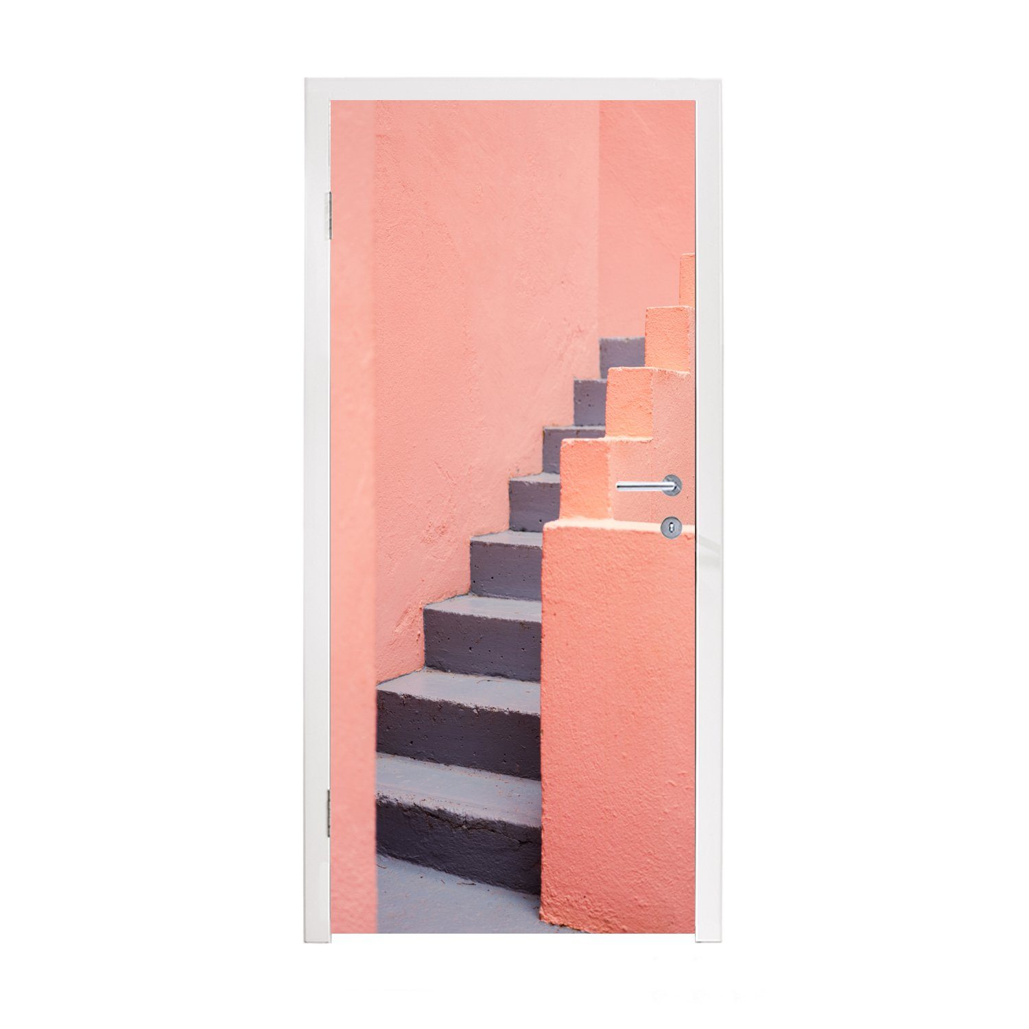 MuchoWow Türtapete Treppe - Architektur - Rosa - Pastell, Matt, bedruckt, (1 St), Fototapete für Tür, Türaufkleber, 75x205 cm