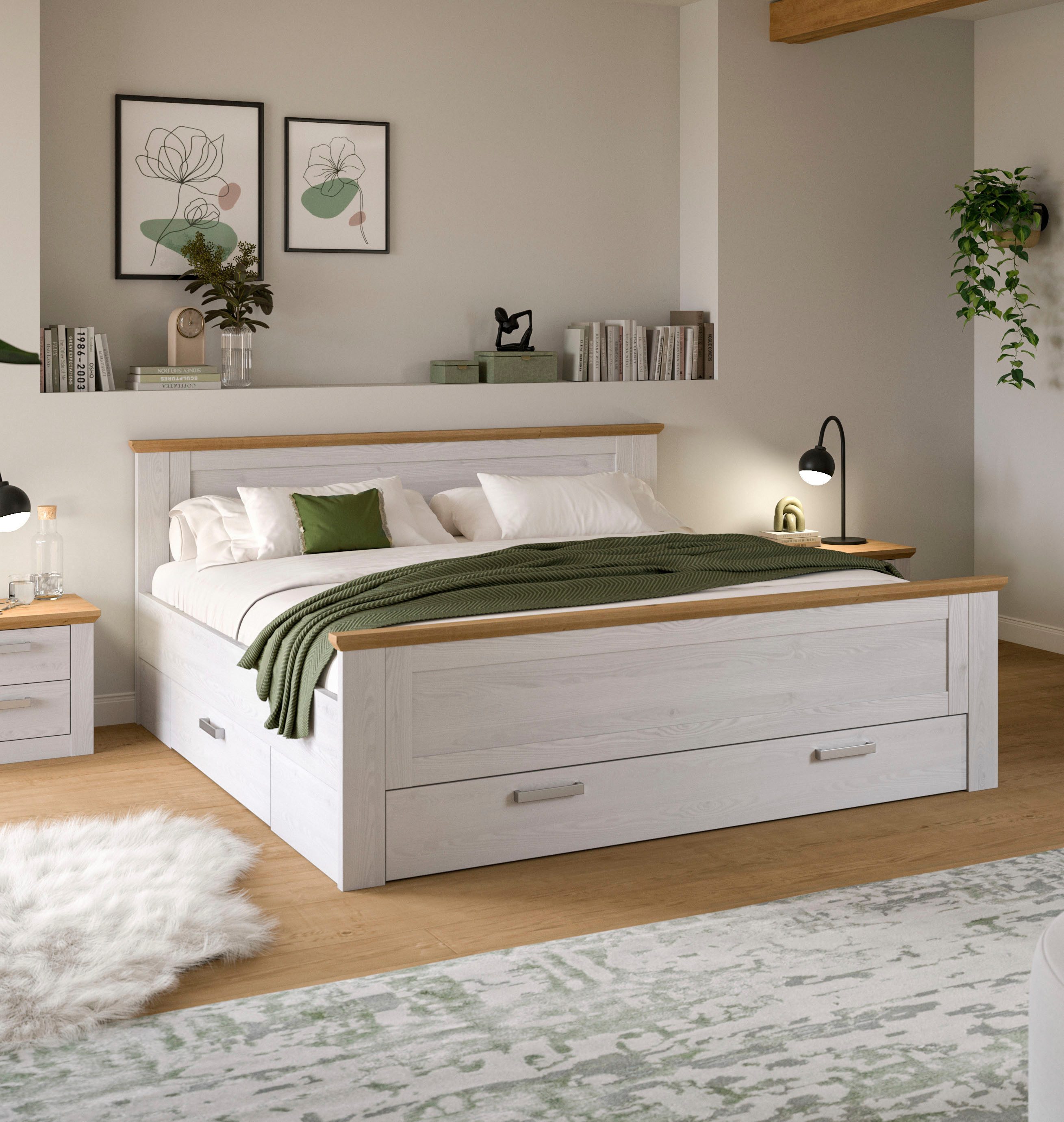 Home affaire Stauraumbett COSENZA, Breite 189cm, im Landhausstil, 3 Schubkästen (für Matratzen 180x200 cm, viel Stauraum, ohne Matratzen und Lattenrost), Bett, Kastenbett, Bettgestell, Schlafzimmer, Schlafen