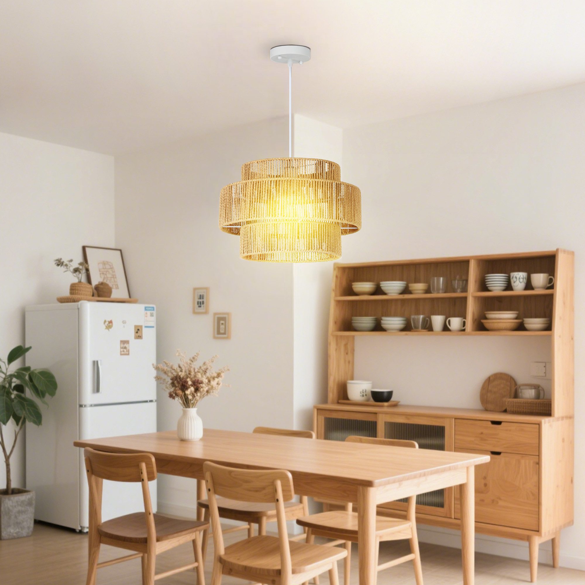 HOMCOM Pendelleuchte Hanfseil Leuchte, Boho Deckenleuchtenschirm, Beleuchtungsfunktionen, Halogenlampe, LED-Lampe usw., für Wohnzimmer, Schlafzimmer, Flur, Braun