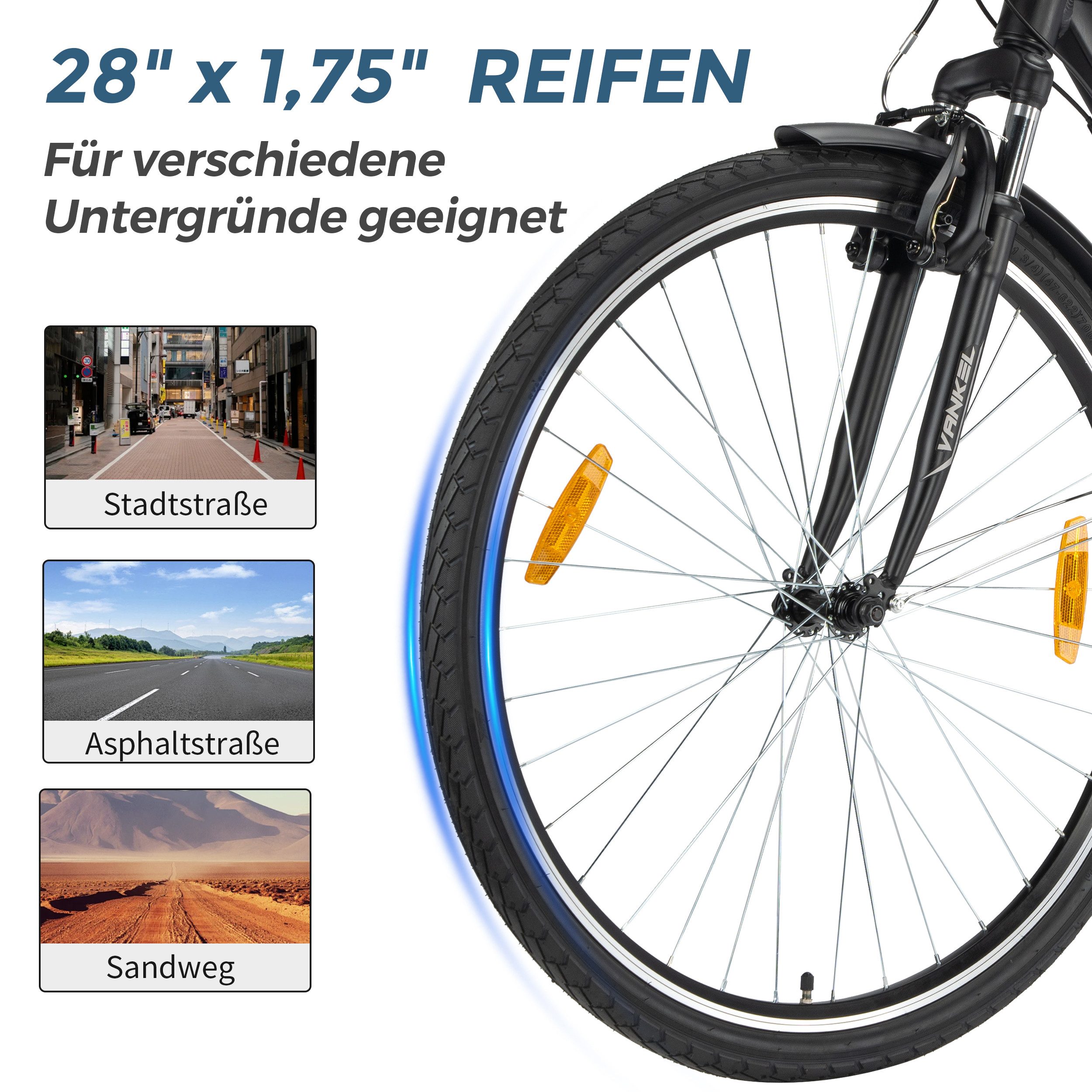 Vankel Mountainbike 28 Zoll, 3x7 Gänge, Aluminiumrahmen, Komfort-Federgabel, V-Bremse, 21 Gang, Kettenschaltung, Für Herren, City, Freizeit, Pendeln, Gepäckträger, Schutzbleche