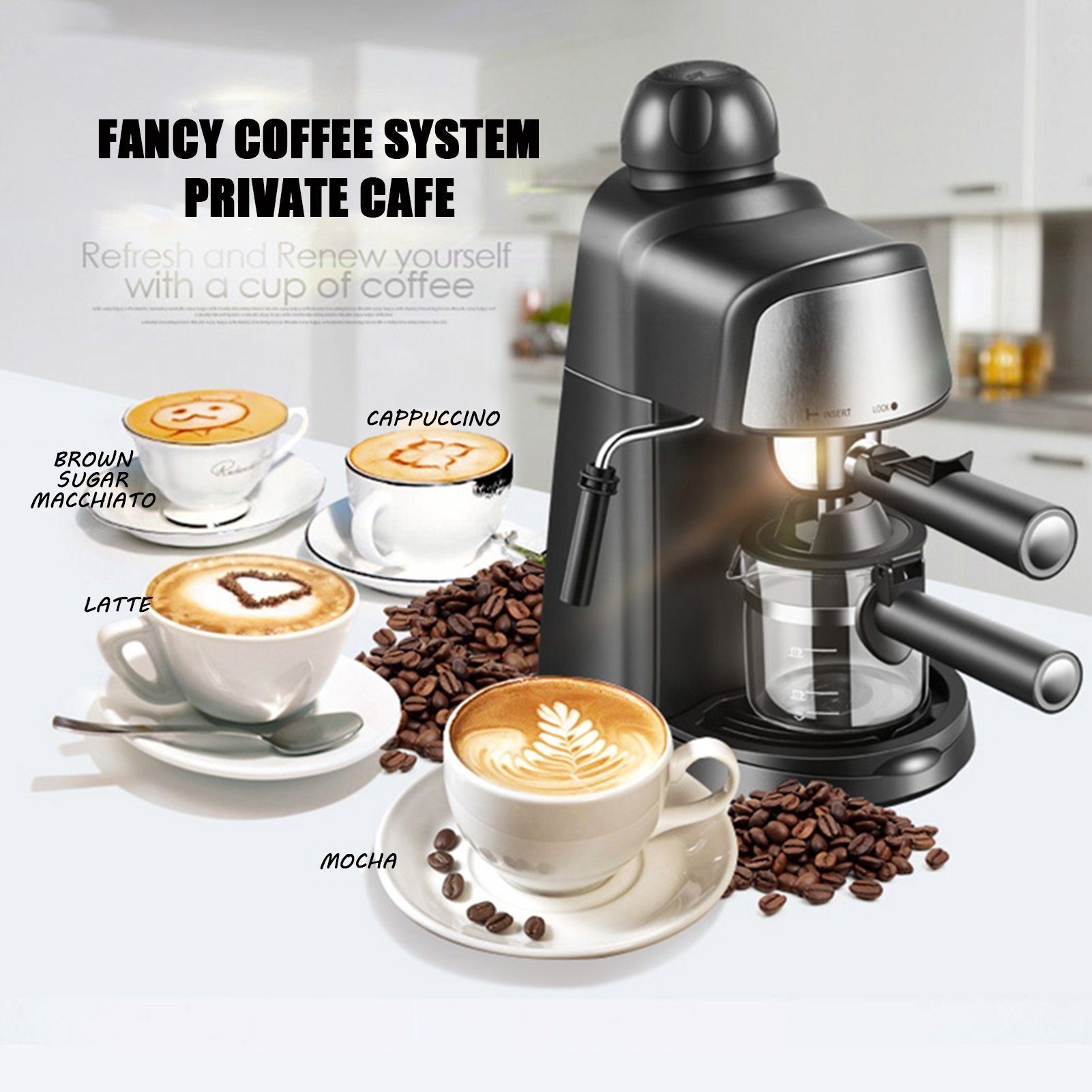 Mutoy Espressomaschine CM6810, kleine Milchschäumer, Bar 5 800 mit für zu bis 4 Espresso, Tassen W, Kaffeemaschine