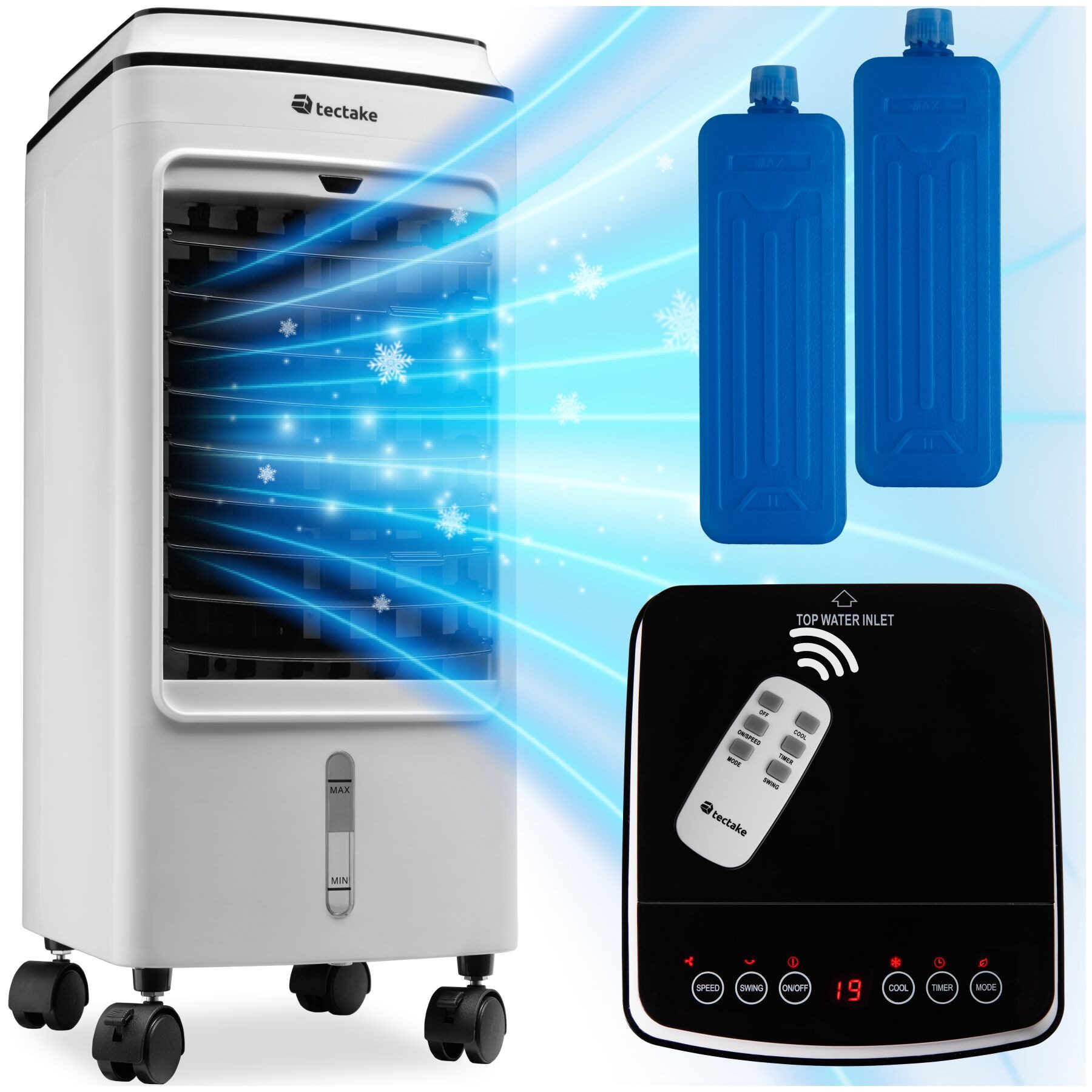 tectake Ventilatorkombigerät Mini-Klimaanlage, Touch-Bedienfeld, inkl. Fernbedienung, mobil, drehbare Lamellen, 3 Modi, mit Timer-Funktion, Wassertank 4 l