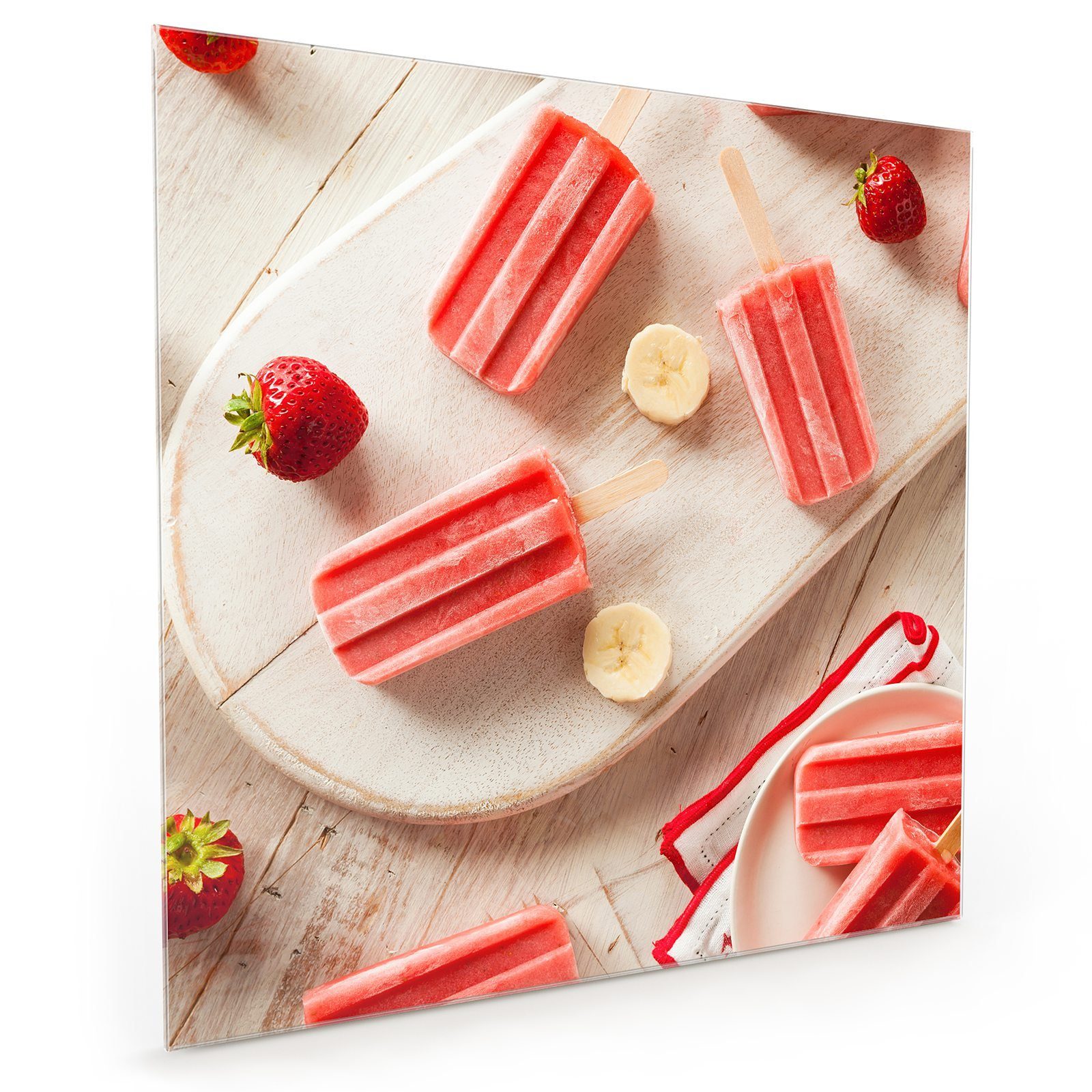Primedeco Küchenrückwand Spritzschutz Glas Erdbeer Bananen Eis