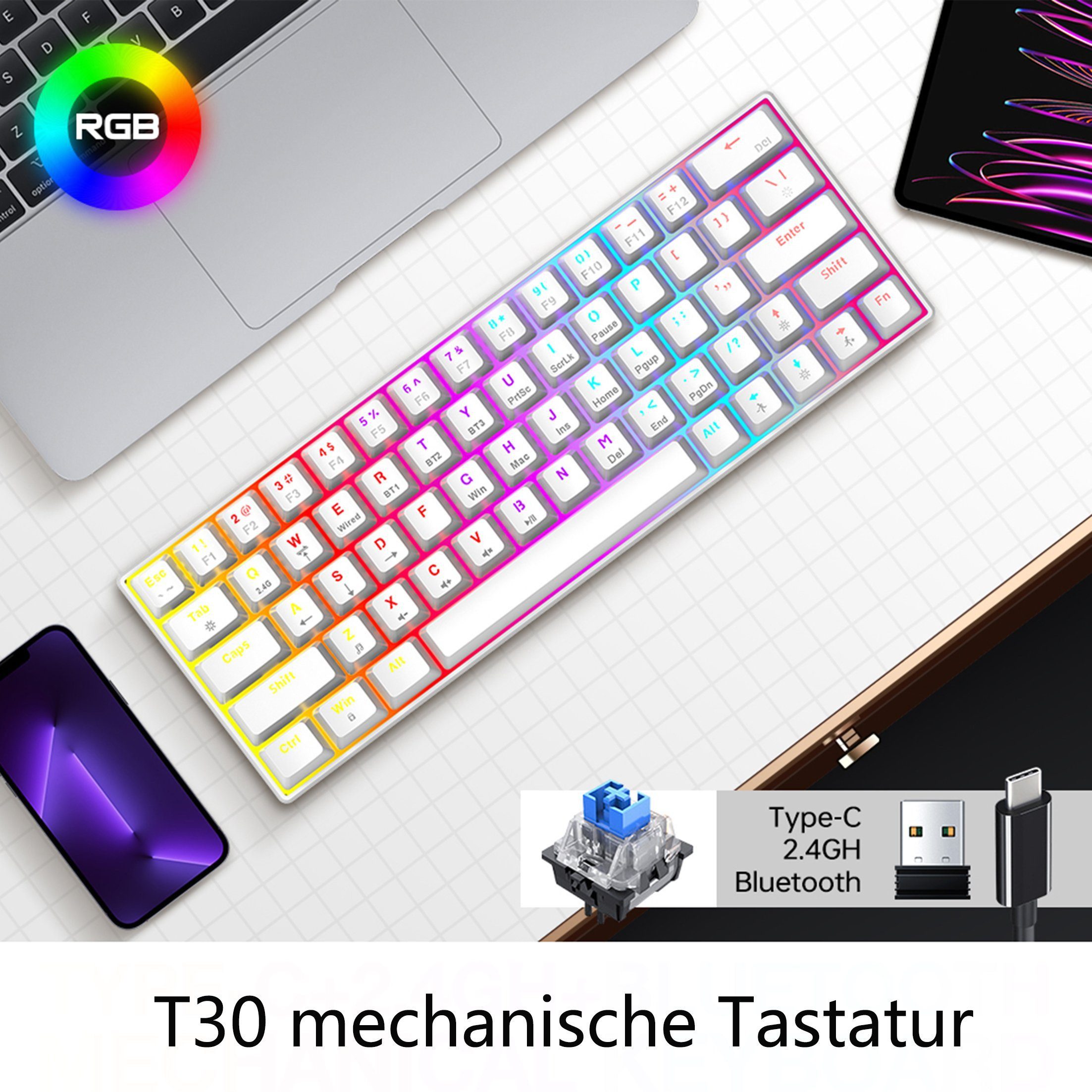 KINSI Mechanische Tastatur,Kabellose/Kabelgebundene Tastatur,Bluetooth Gaming-Tastatur (RGB-Beleuchtung)