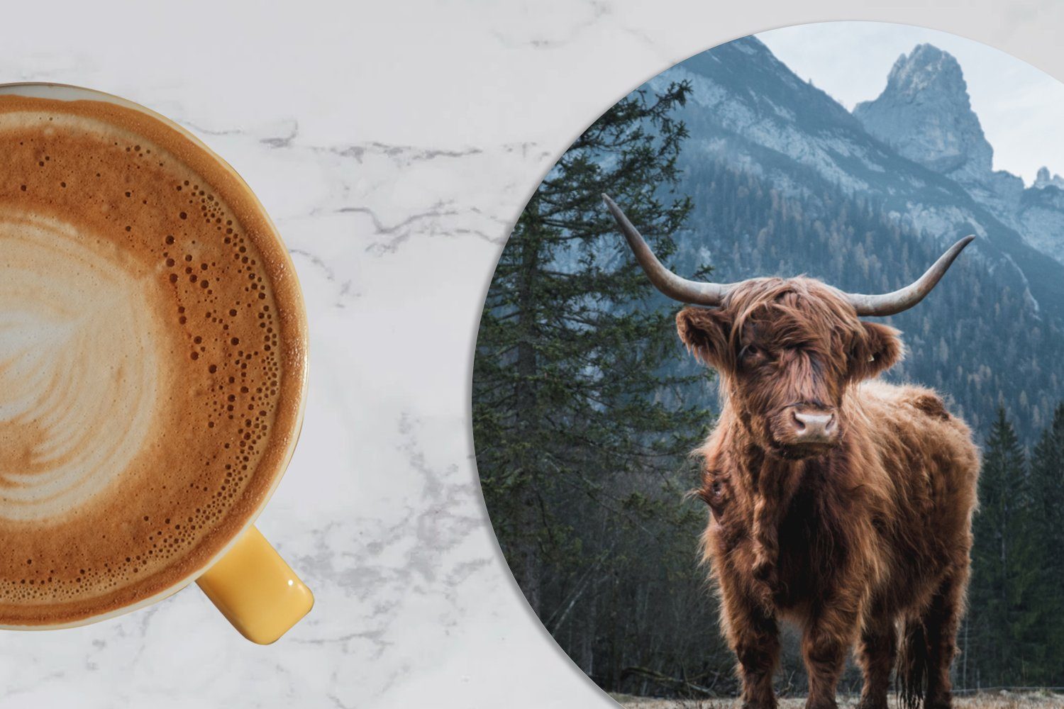 Gläser, Natur, Tassenuntersetzer, Becher für MuchoWow - Berg 6-tlg., - Tasse, Zubehör Kuh - Highlander Schottische Bäume Landschaft Getränkeuntersetzer, Korkuntersetzer, - Glasuntersetzer -