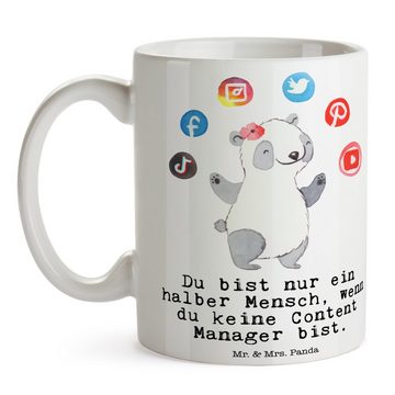Mr. & Mrs. Panda Tasse Content Manager Herz - Weiß - Geschenk, Arbeitskollege, Teebecher, Ta, Keramik, Einzigartiges Botschaft