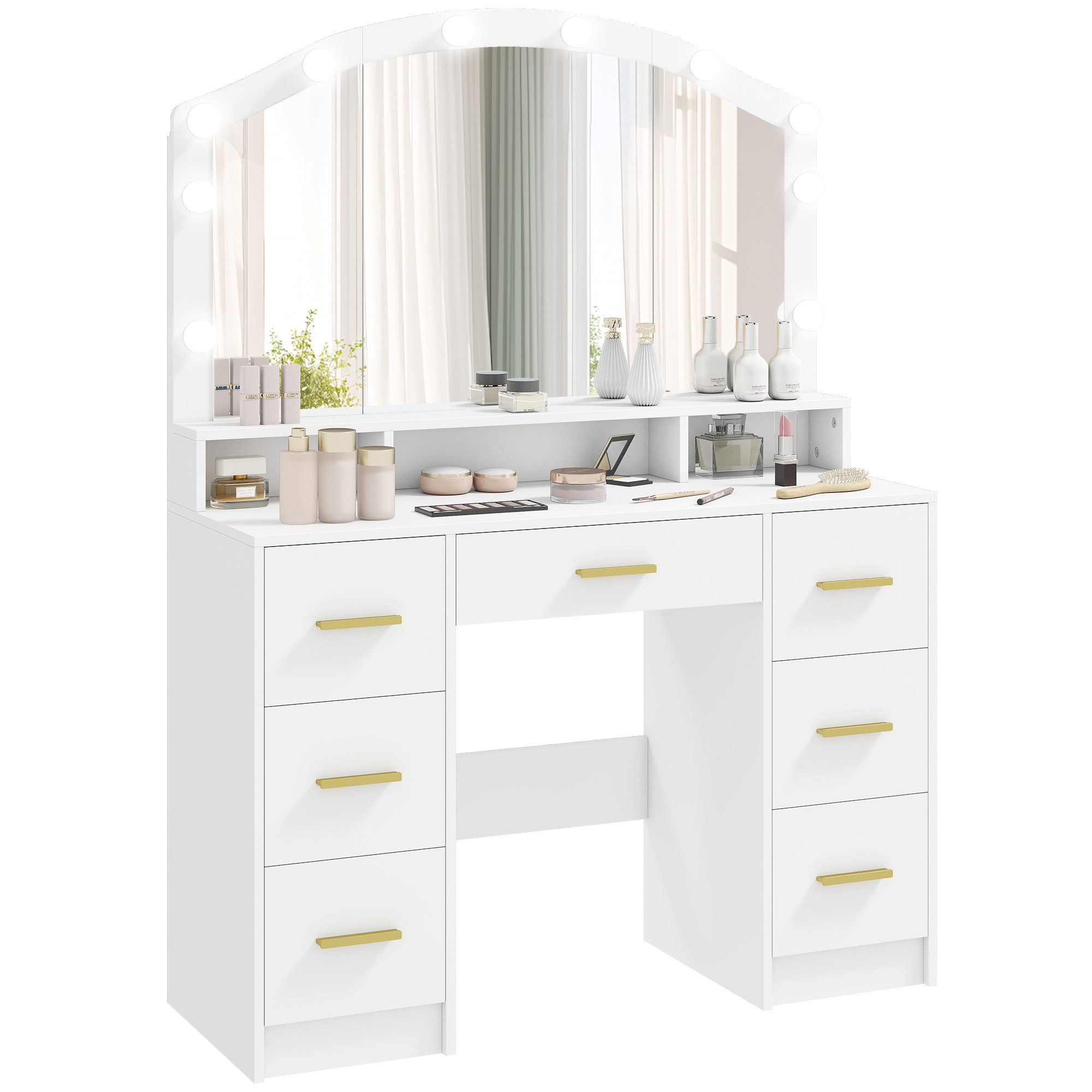 HOMCOM Schminktisch mit 10 LED-Hollywood-Lampen, Spiegel, 7 Schubladen, 3 F günstig online kaufen
