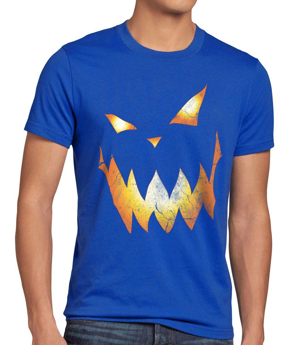 style3 Print-Shirt Herren T-Shirt Halloween Kürbiskopf Kürbis Fasching Kostüm Party Kopf Spuk Geist blau