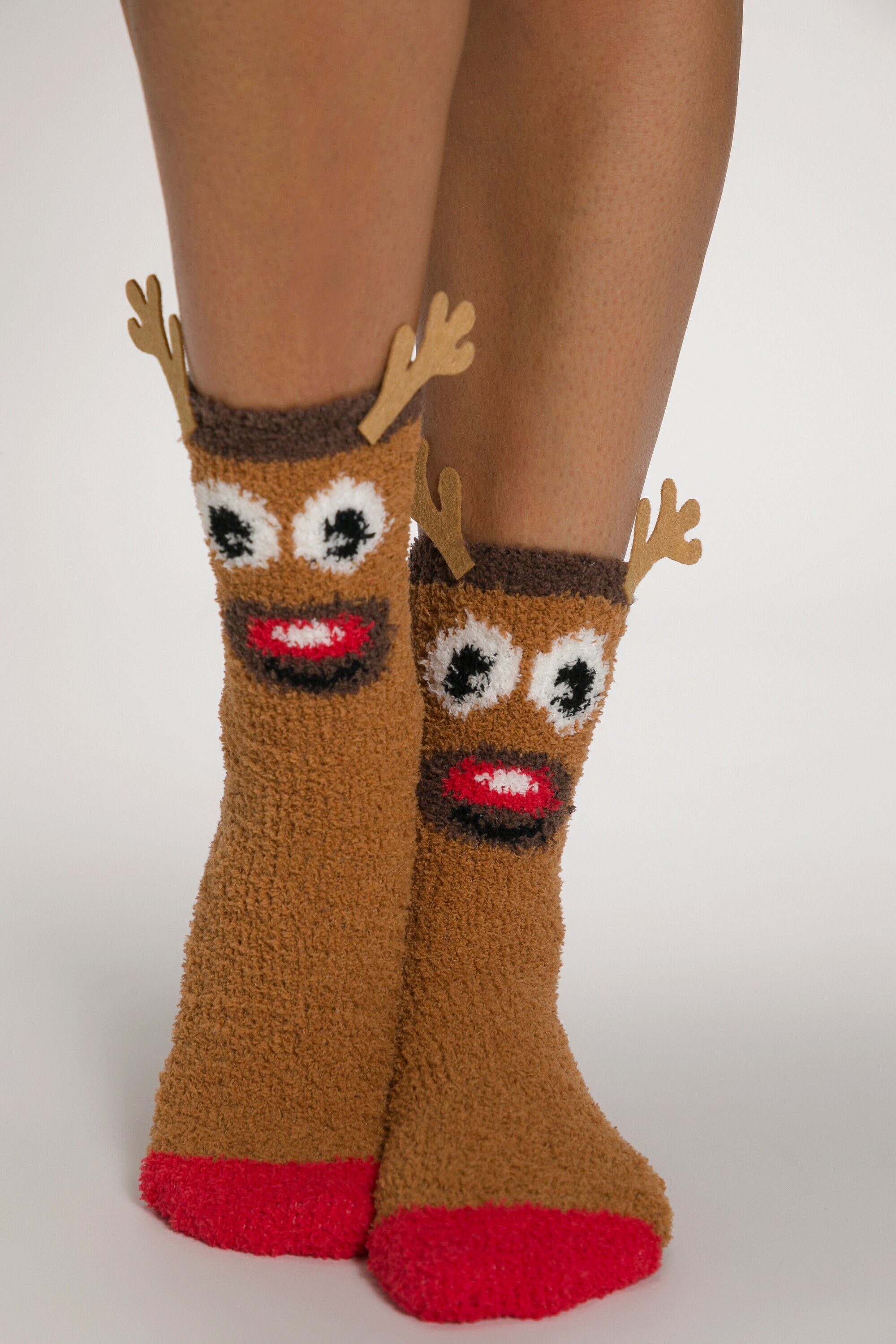 Ulla Popken Kuschelsocken Kuschelsocken Elch 3D-Geweih Weihnachtssocken