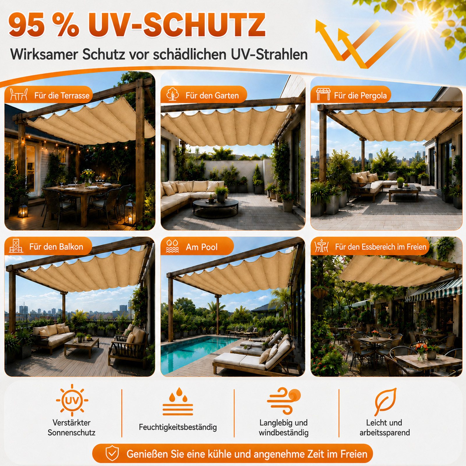 Sunicol Sonnensegel Einziehbares Sonnensegel mit verstellbarer Welle für Pergola, Wasserdichte Wellenmarkise UV-beständig für Balkon Terrasse