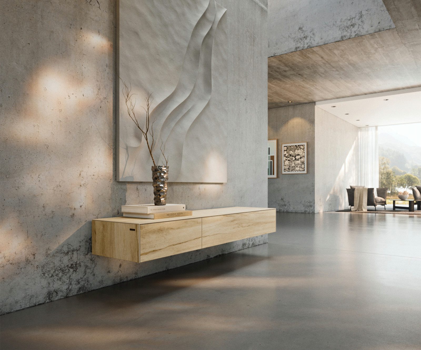 DELIFE Lowboard Cuor, Keramik Laminam® Sabbia Eichefarbig 150 cm 1 Klappe 1 Schubfach Schweb