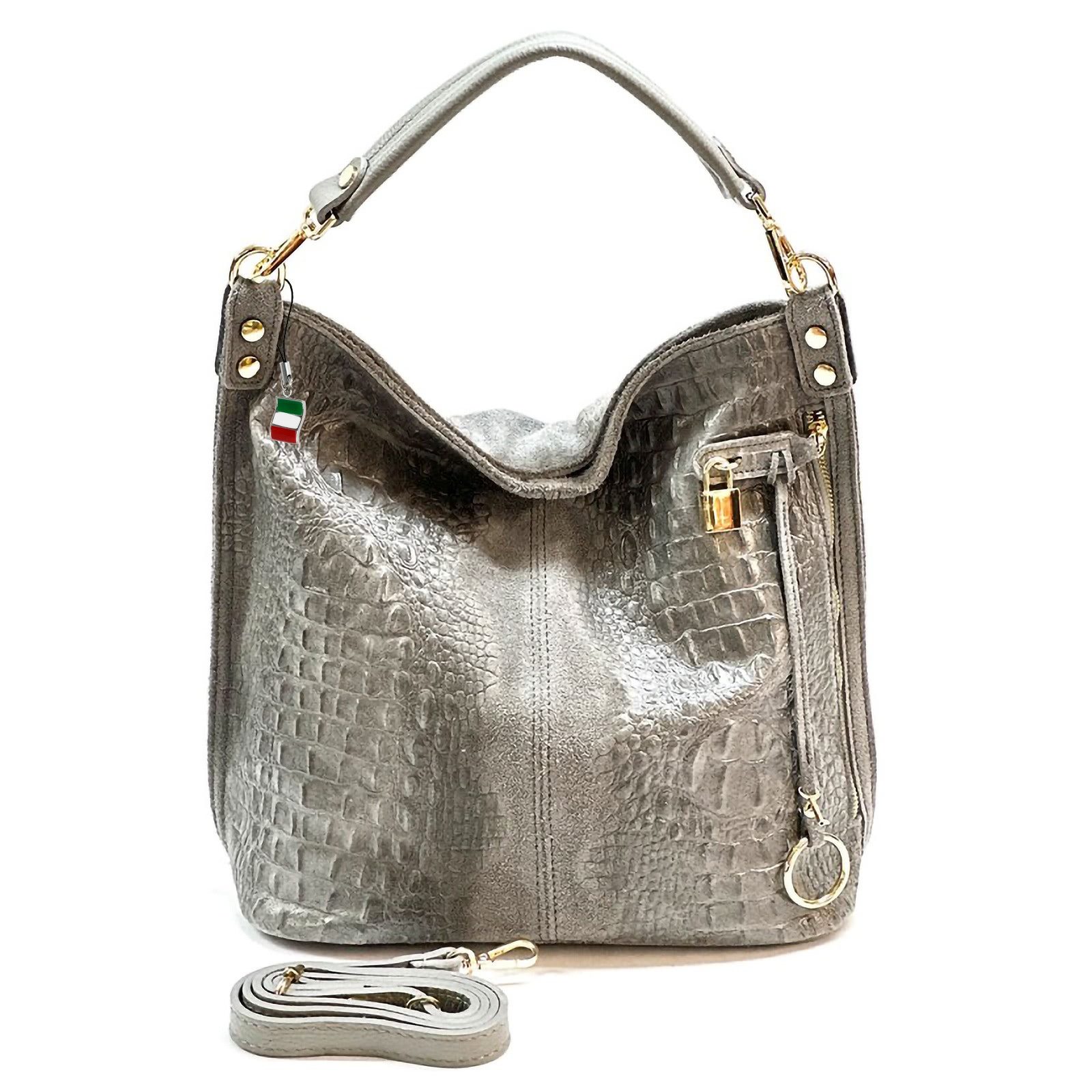 FLORENCE Beuteltasche Florence Beuteltasche Echtleder grau (Beuteltasche), Damen Beuteltasche, Shopper Leder, grau ca. 33cm hoch, Kroko-Prägung