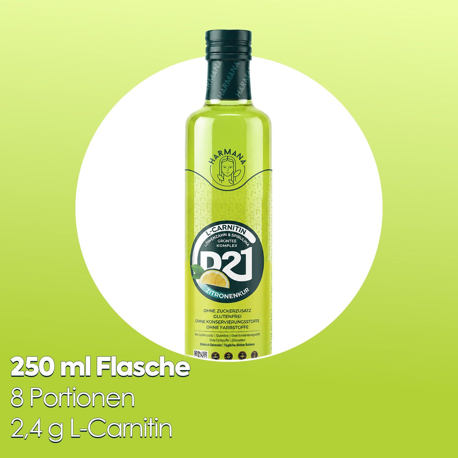 Harmana Sirup Lemon Cure-Getränkekonzentrat mit L-Carnitin, Grüntee & Spirulina, 250 ml, Zuckerfrei, glutenfrei und ohne Konservierungsstoffe