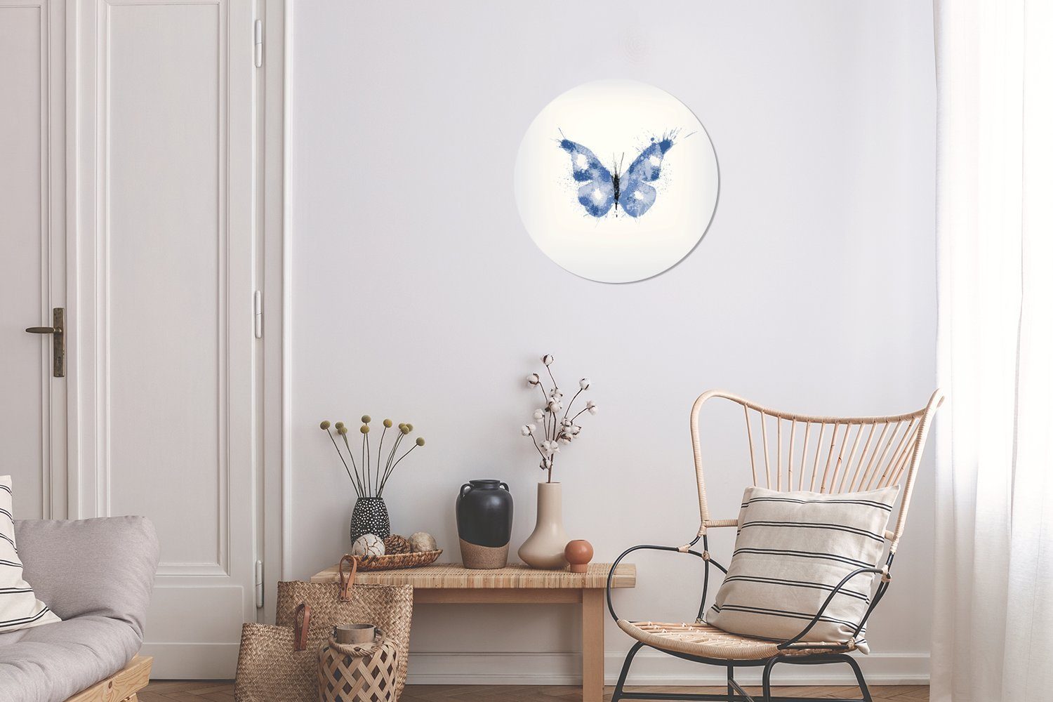 Schmetterlings, Wandbild, Gemälde Forex, cm Kreis Illustration Eine (1 Wanddekoration Wohnzimmer, blauen eines Rundes MuchoWow 30x30 St),