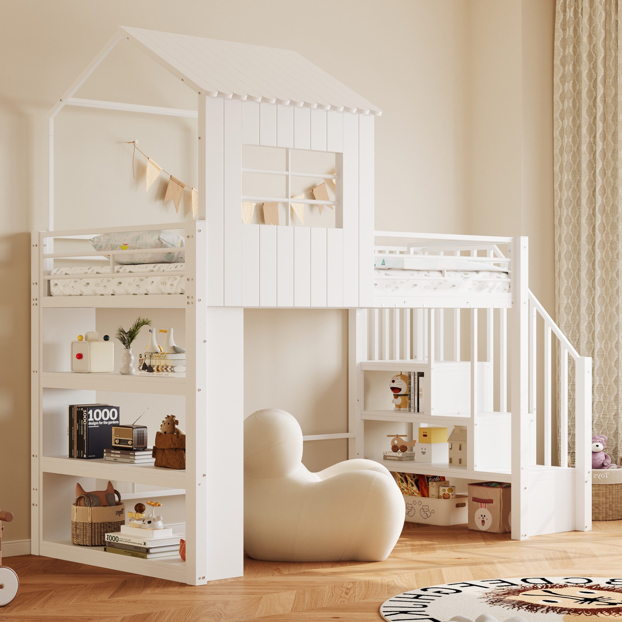 Sweiko Hochbett Eisenhochbett 90x200cm, Hausdesign, Jugendbett (mehrstöckiges Stauraumregal) hohes Schutzgitter, sichere Treppe(montierbar links/rechts)