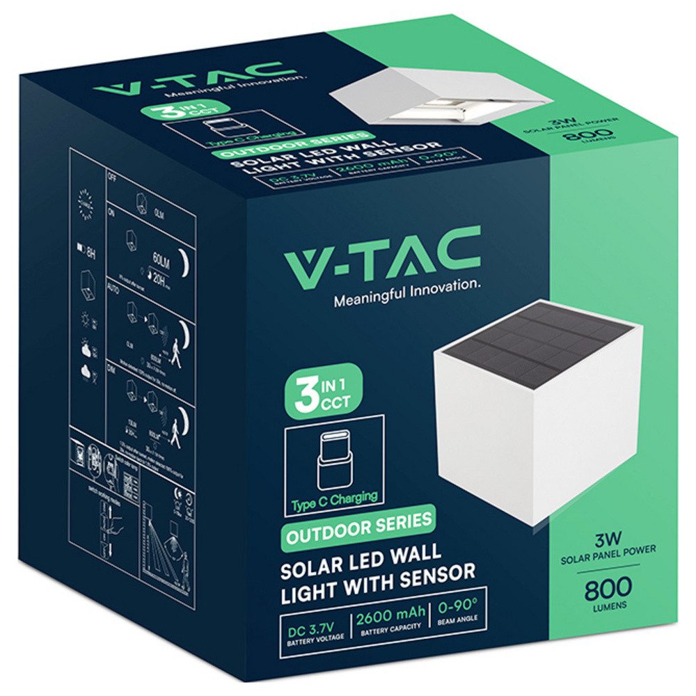 V-TAC Außen-Wandleuchte V-TAC VT-409CCT-W 24063-1 Solar-Außenwandleuchte mit Bewegungsmelder
