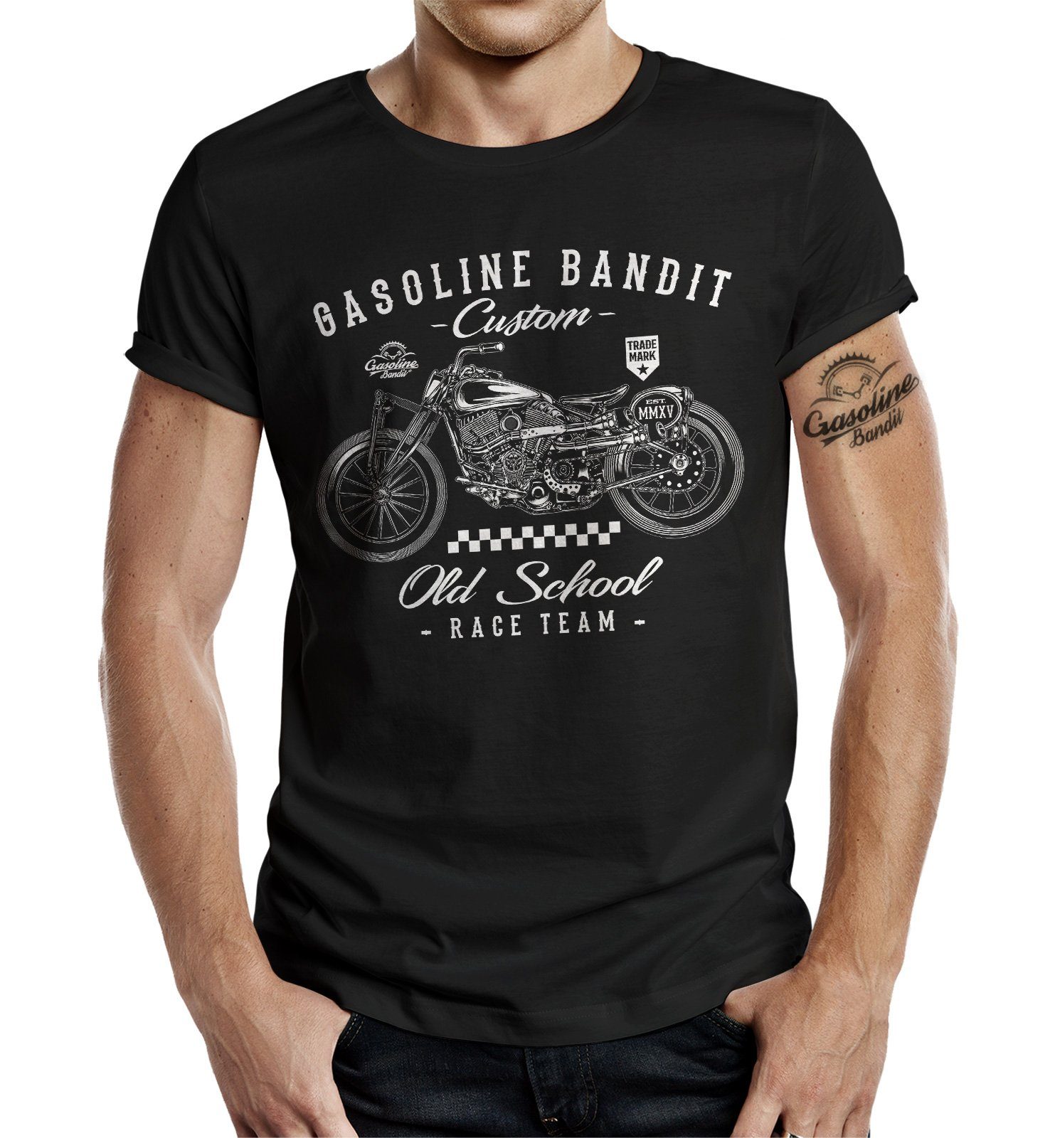 GASOLINE BANDIT® T-Shirt für Biker und Motorrad Fans - Custom Old School Race Team Schwarz
