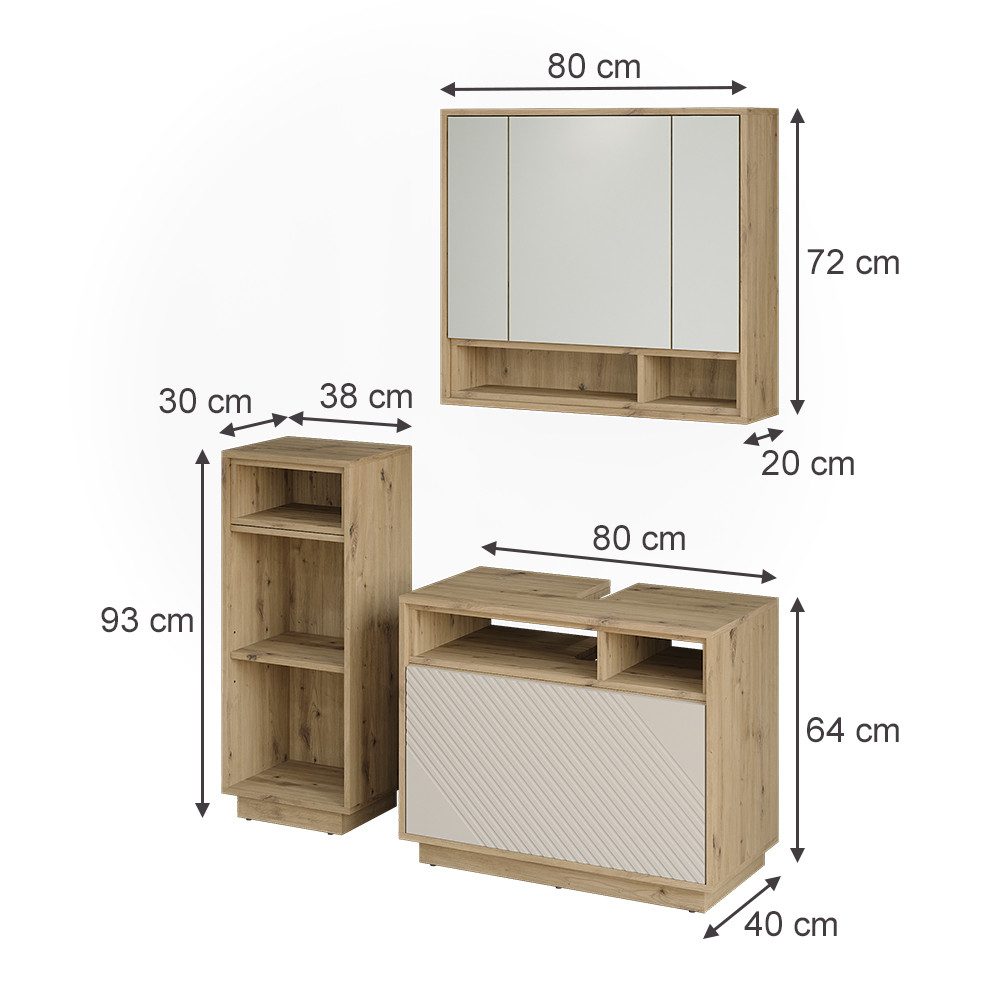 Vicco Badmöbel-Set Beatrice, Cashmere/Artisan-Eiche, 3-er Set, (3-St., 3er Set)