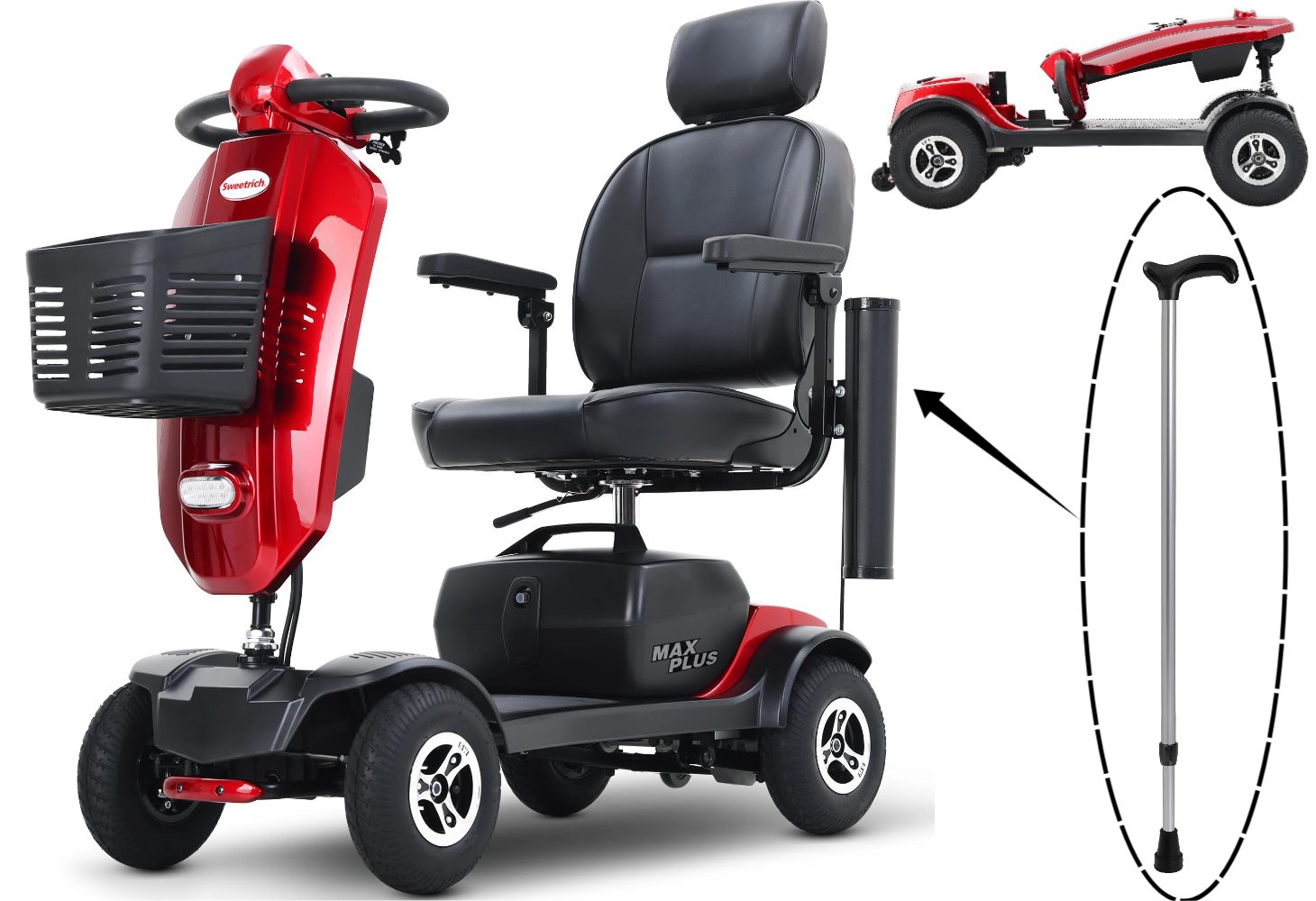 LVHOM Elektromobil 4-Rad-Scooter, faltbar, 30km Reichweite, 300W, 945MM, 136kg Tragkraft, 300 W, (360°-Drehsitz mit Kopfstütze, verstellbare Armlehnen, Integrierte Windschutzscheibe mit Getränkehaltern, ergonomischer Stockhalter, 2 USB-Ladestationen, 32 cm Beinfreiheit, Hinterradfederung, LED-Scheinwerfer, Bremslicht, elektromagnetische Handbremse), Fortschrittliches Elektroauto für aktive Senioren, Gesamtgewicht: 52kg