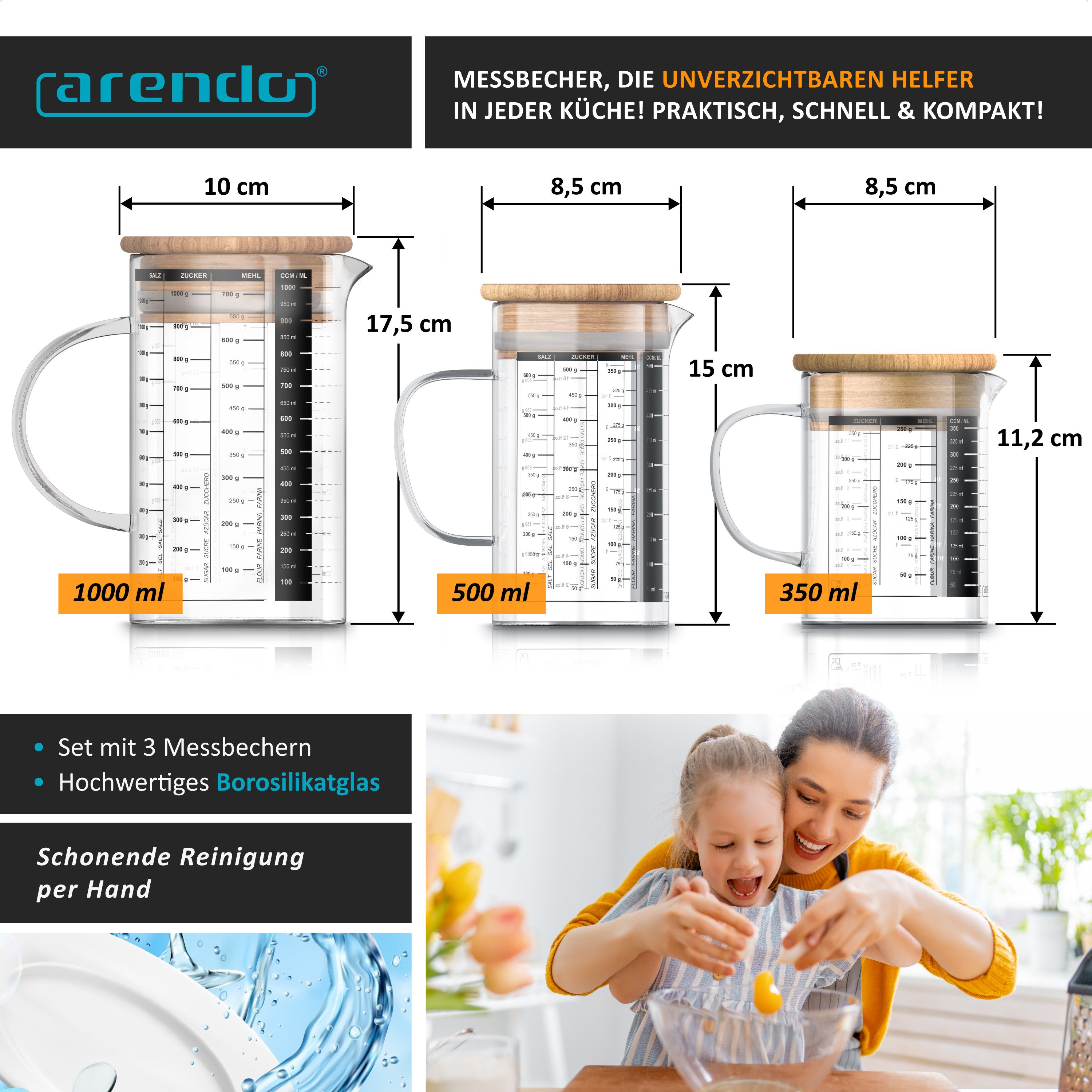 Arendo Messbecher 250ml, 500 ml & 1000 ml Glas Messkrug Set mit Bambusdeckel, luftdicht, Glas, (Set, 3-St), Küchenbehälter, Silikondichtung, für Mehl Zucker Gewürze Süßigkeiten