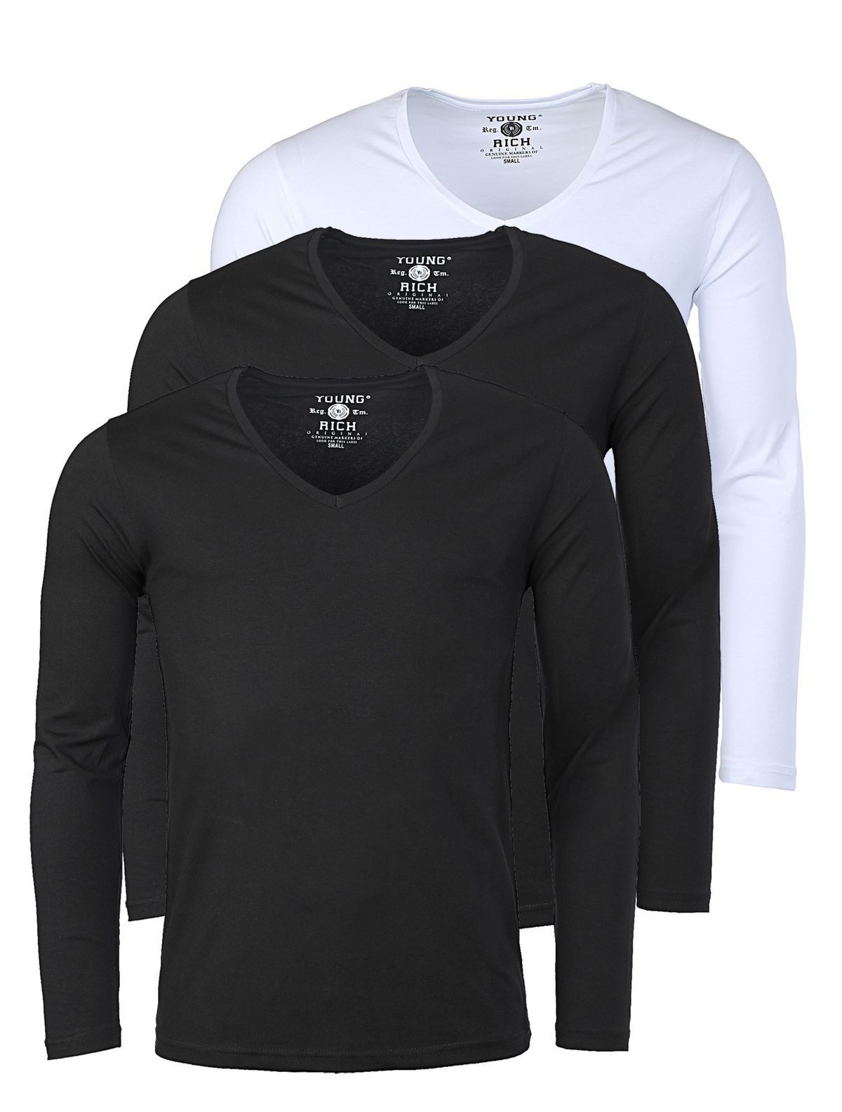 Young & Rich T-Shirt Herren Uni Basic extra tiefer Ausschnitt Unterziehshirt 2239 3er Pack (3er-Pack, 3-tlg., 3er-Pack) V-Ausschnitt unifarben langarm slim fit