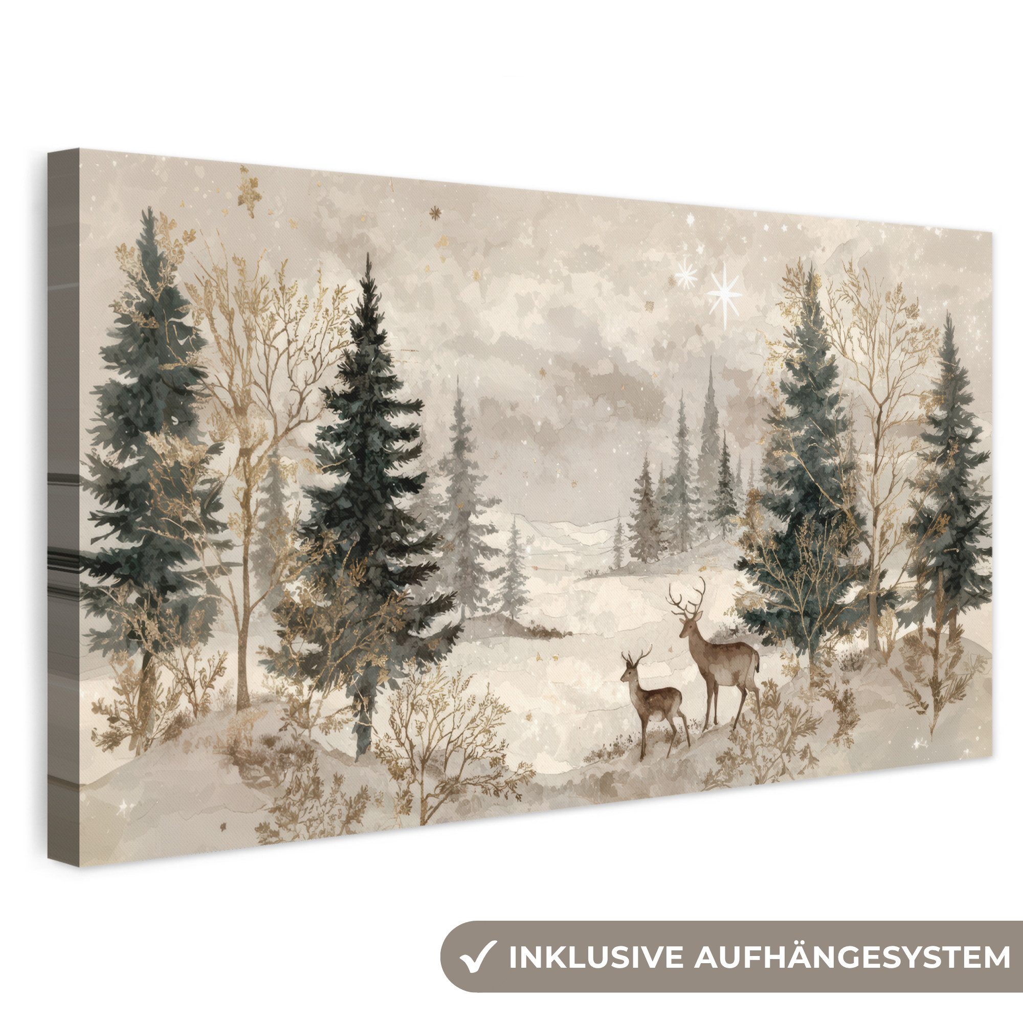 OneMillionCanvasses® Leinwandbild Panorama Wald - Hirsche - Winter - Schnee, Fotodruck (1 St), Wandbild, Deko Schlafzimmer Wohnzimmer Flur 40x20 cm