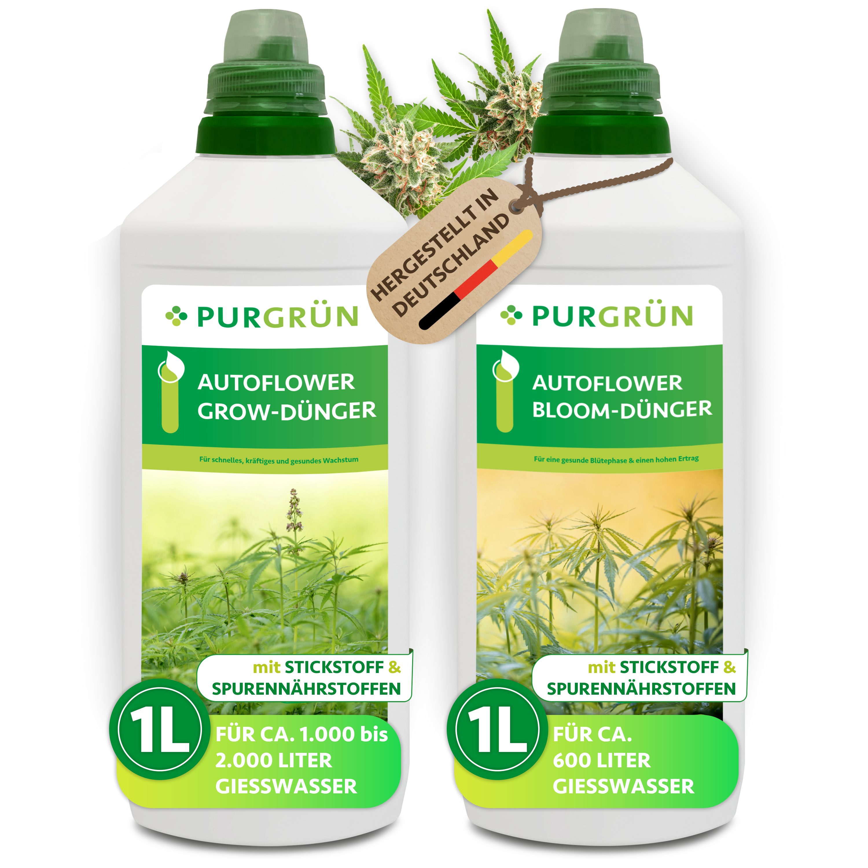 Purgrün Pflanzendünger Autoflower Dünger Set, Nährstoffe für Wachstum, 2 x 1 Liter, Flüssigdünger, 2-St.