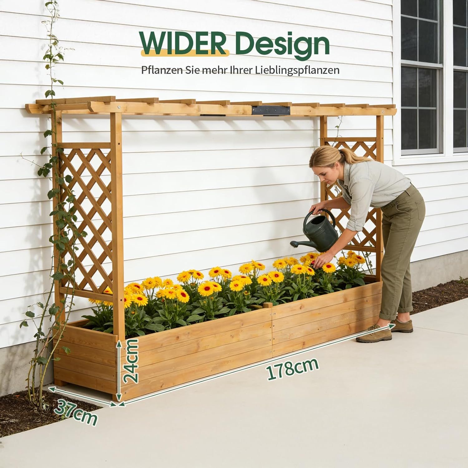 LALAHO Hochbeet Blumenkasten mit Rankhilfe Ablauflöchern, hängendes Dach, für Garten, Balkon, Terrasse, 200 x 44.5 x 113 cm