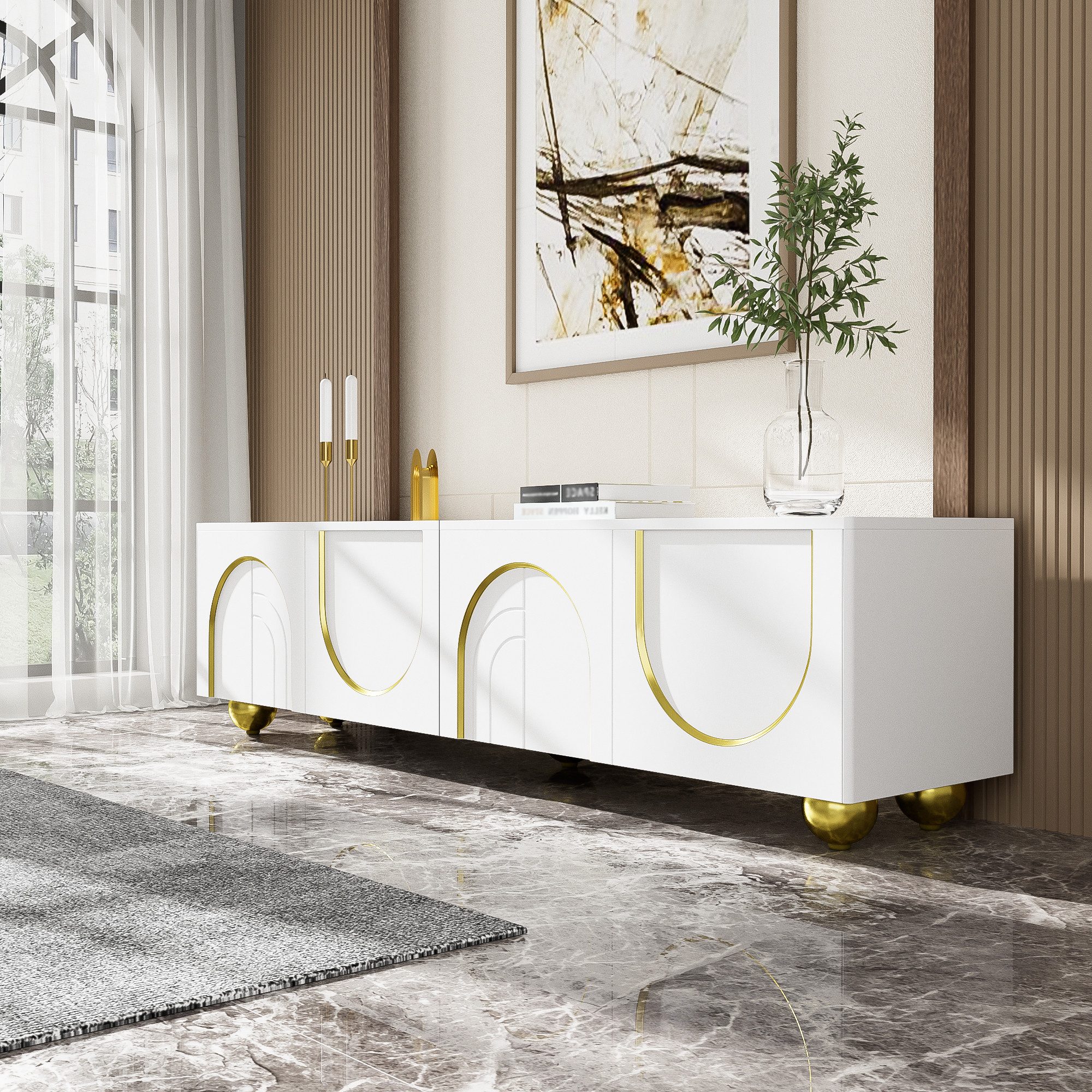 Odikalo TV-Schrank Lowboard Türen TV-Möbel Schubladen offen Fächern golden Griffen Füßen