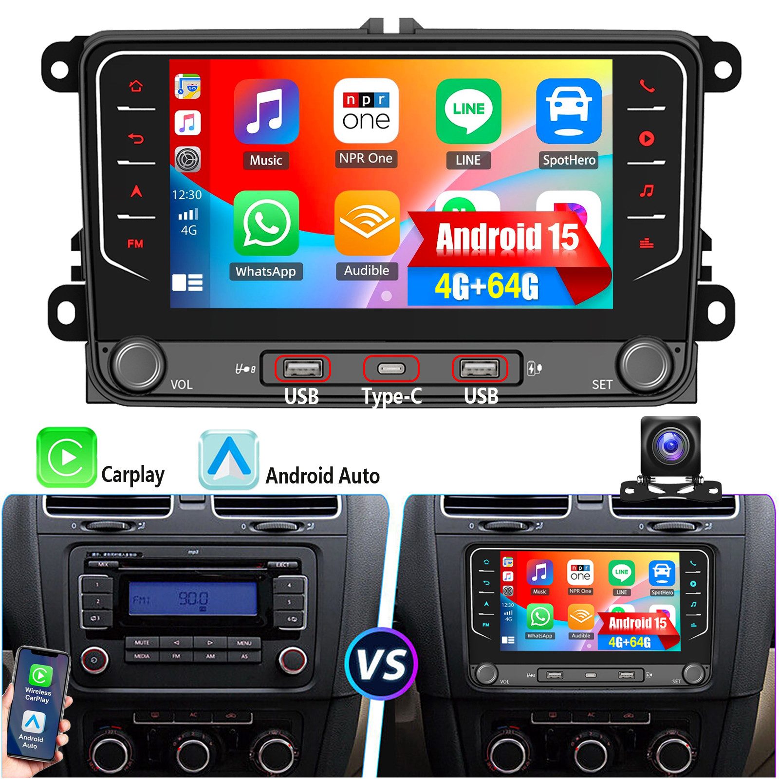 ESSGOO Android 15 Für VW GOLF 5 6 Touran EOS Tiguan Polo 6R Passat Caddy 2DIN Autoradio (RDS, 2DIN, 4+64G(optional), DAB (optional), FM, DAB+ (optional), Carplay Android Auto DAB (optional), RDS, FM, 4+64GB, SWC, GPS NAVI)